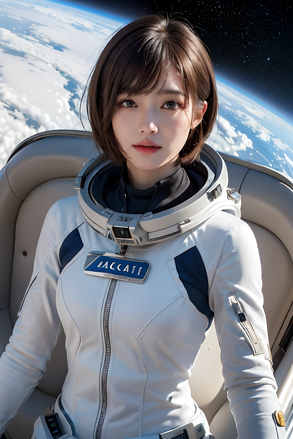 top-quality、masterpiece、超A high resolution、(realisitic:1.4)、Beautuful Women1、Beautiful detail eyes and skin、ssmile、Light brown short-cut hair、The perfect spacesuit、spaceships、Inside the spacecraft、macrocosm、