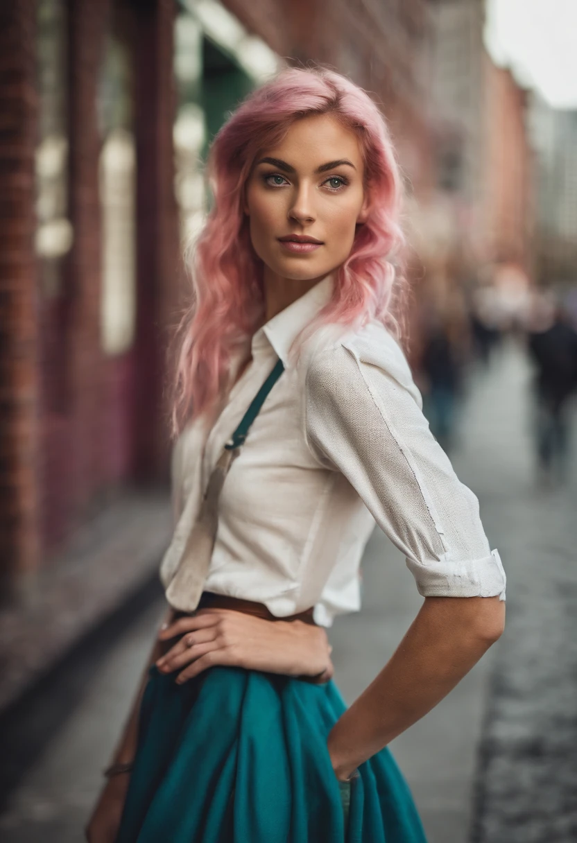 1girl, student, green/orange/pink hair, energetic, blue skirt, white blouse, freckles, she's a wizard riding her broom, windy background in the city of Chicago
