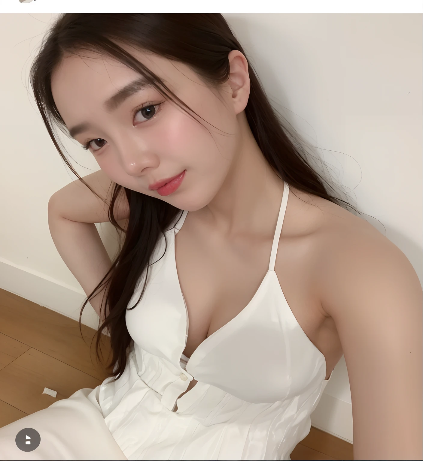 there is a woman sitting on the floor wearing a white dress, heonhwa choe, jaeyeon nam, lee ji-eun, lee ji - eun, pale milky white porcelain skin, ulzzang, milky white skin, wearing white camisole, gorgeous young korean woman, korean girl, jinyoung shin, in white clothes, 165 cm tall
