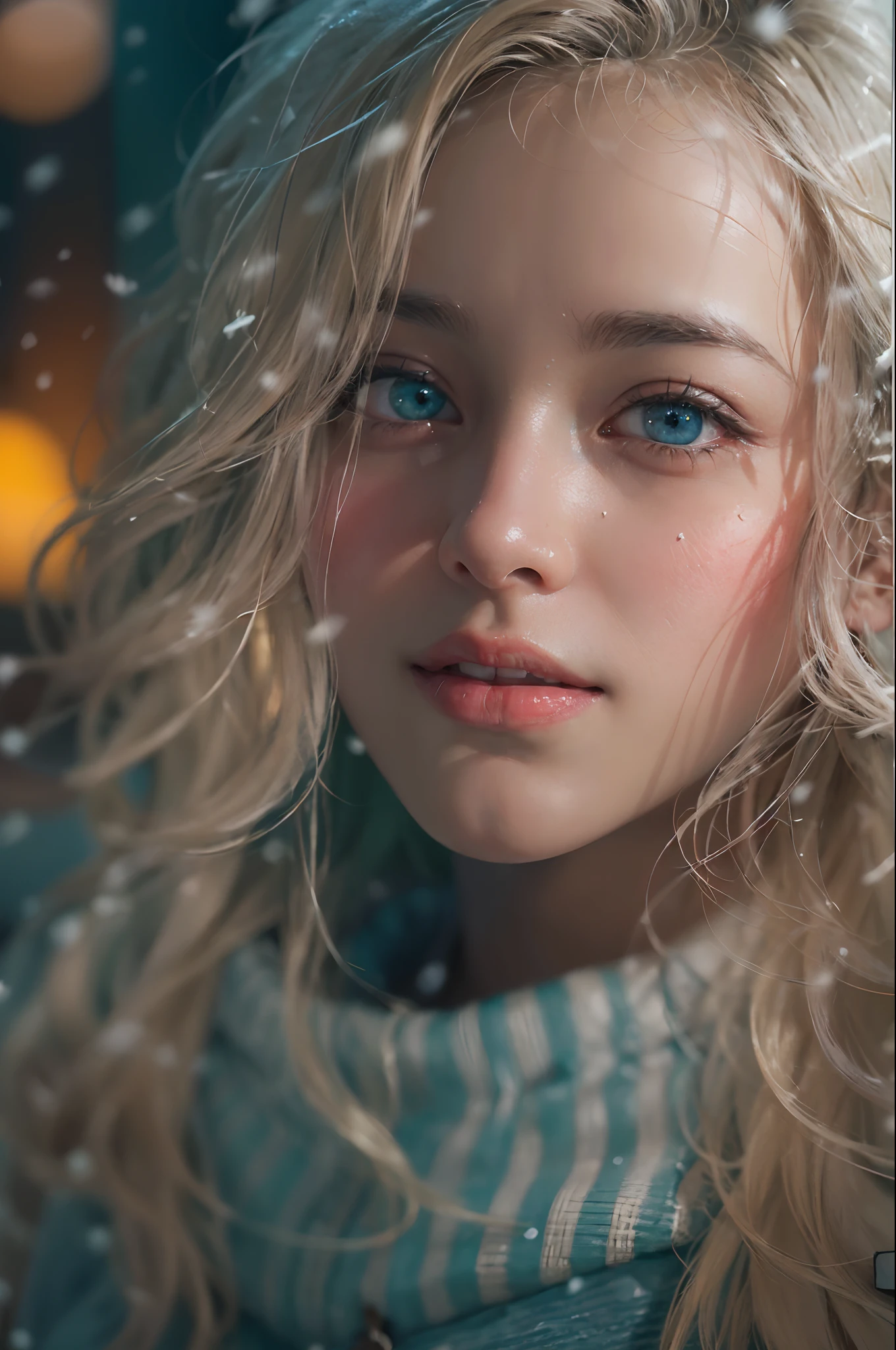 (ultra realisic), (Illustration), (real skin),(Real Snow),(Resolution Enhancement), (8K), (Extremely detailed), (Best Illustration), (beautiful-detailed eyes), (Best Quality), (The ultra-detailliert), (Masterpiece ), ( wall paper), (Detailed face),a blond, Wavy hair,(hi-top fade:1.3), (Smiling broadly, bright look), dark theme, soothing tones, muted colors, High contrast, (Natural skin texture, hyperrealism, Soft light, edgy),exposure blend, medium shot, Bokeh, (HDR:1.4), High contrast, (films, teal and orange:0.85), (muted colors, faded colors, soothing tones:1.3), Low saturation, (hyperdetailed:1.2),(Big breasts :1.2),(Dynamic Angle).