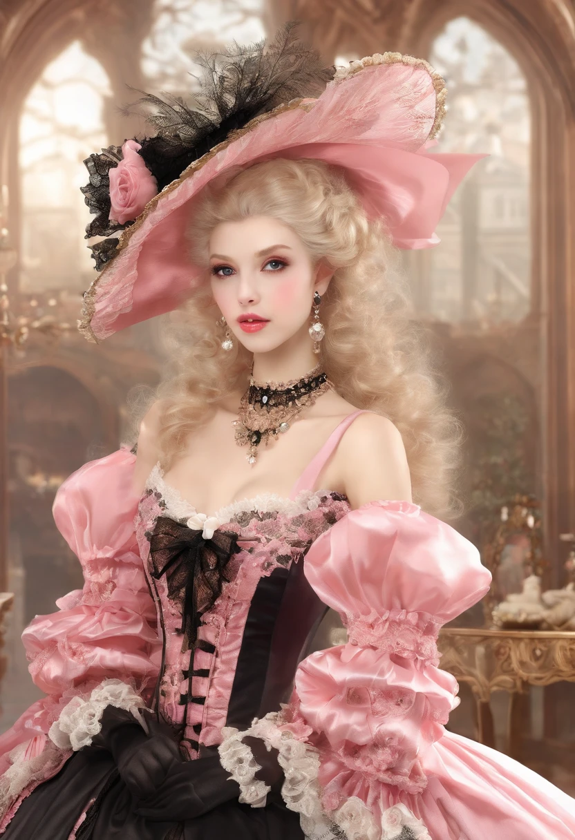 Arafe in a pink and black dress and hat, Takanobu Fujiwara(Takanobu Fujiwara)Digital rendering inspired by, pixiv, rococo, Victoria Gothic ta Fashion, Lolityle, Rococo Queen (Rococo Queen) (Rococo Queen (Rococo Queen)) (Rococo Queen (Rococo Queen) (Rococo Queen (Rococo Queen))) , rococo dress, lolita fon, one-piece,(lingerie:1.3)