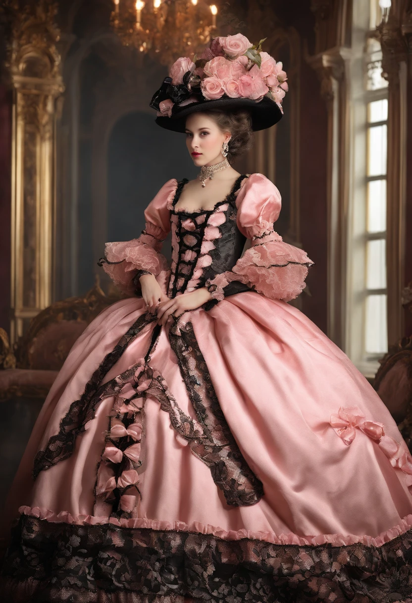 Arafe in a pink and black dress and hat, Takanobu Fujiwara(Takanobu Fujiwara)Digital rendering inspired by, pixiv, rococo, Victoria Gothic ta Fashion, Lolityle, Rococo Queen (Rococo Queen) (Rococo Queen (Rococo Queen)) (Rococo Queen (Rococo Queen) (Rococo Queen (Rococo Queen))) , rococo dress, lolita fon, one-piece,(lingerie:1.3)