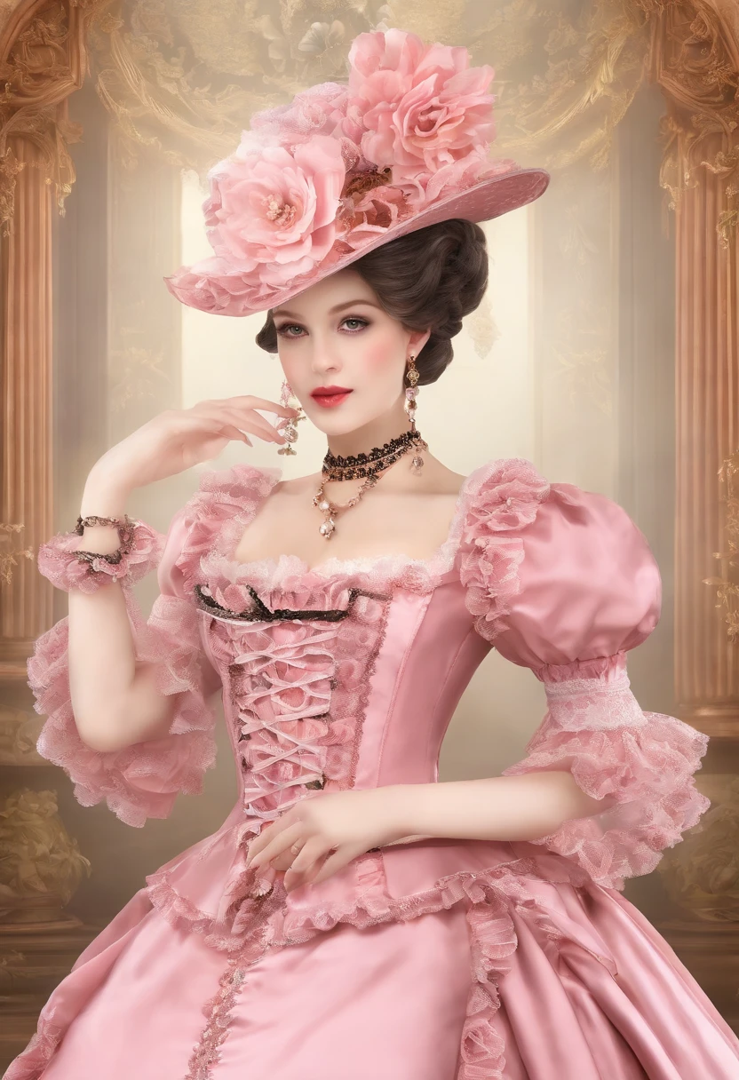 Arafe in a pink and black dress and hat, Takanobu Fujiwara(Takanobu Fujiwara)Digital rendering inspired by, pixiv, rococo, Victoria Gothic ta Fashion, Lolityle, Rococo Queen (Rococo Queen) (Rococo Queen (Rococo Queen)) (Rococo Queen (Rococo Queen) (Rococo Queen (Rococo Queen))) , rococo dress, lolita fon, one-piece,(lingerie:1.3)