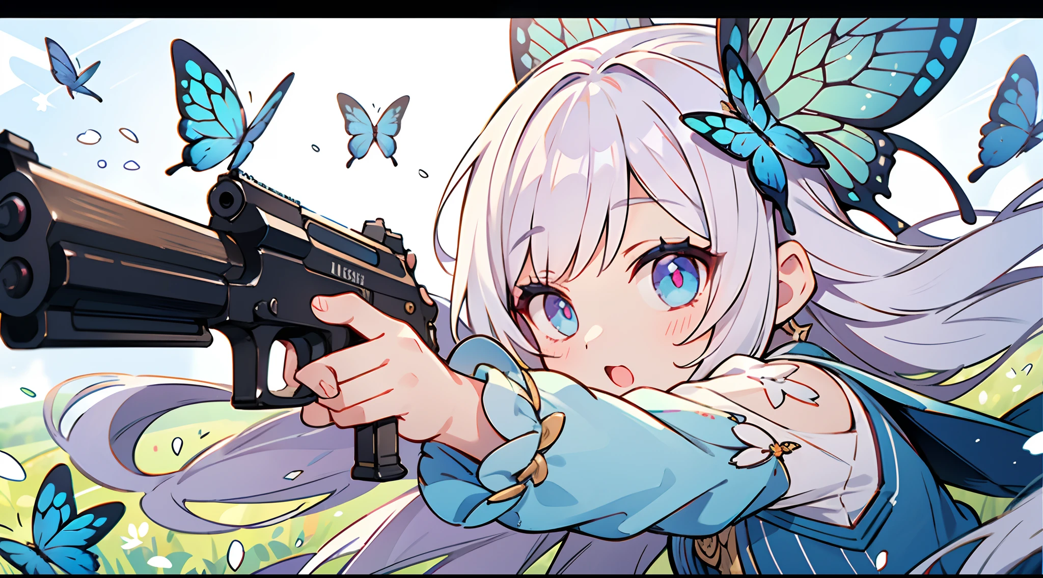 Octane Render、(Hyper-detailing: 1.15)、cinematic lightening、Cute Fantasy Princess、Handgun shooting practice、Fine Pattern Pistol,long boots、ultradetailed eyes、Full Paint、(Floral hair ornament、butterfly hair ornament)、masutepiece、Anatomically correct、blur、depth of fields