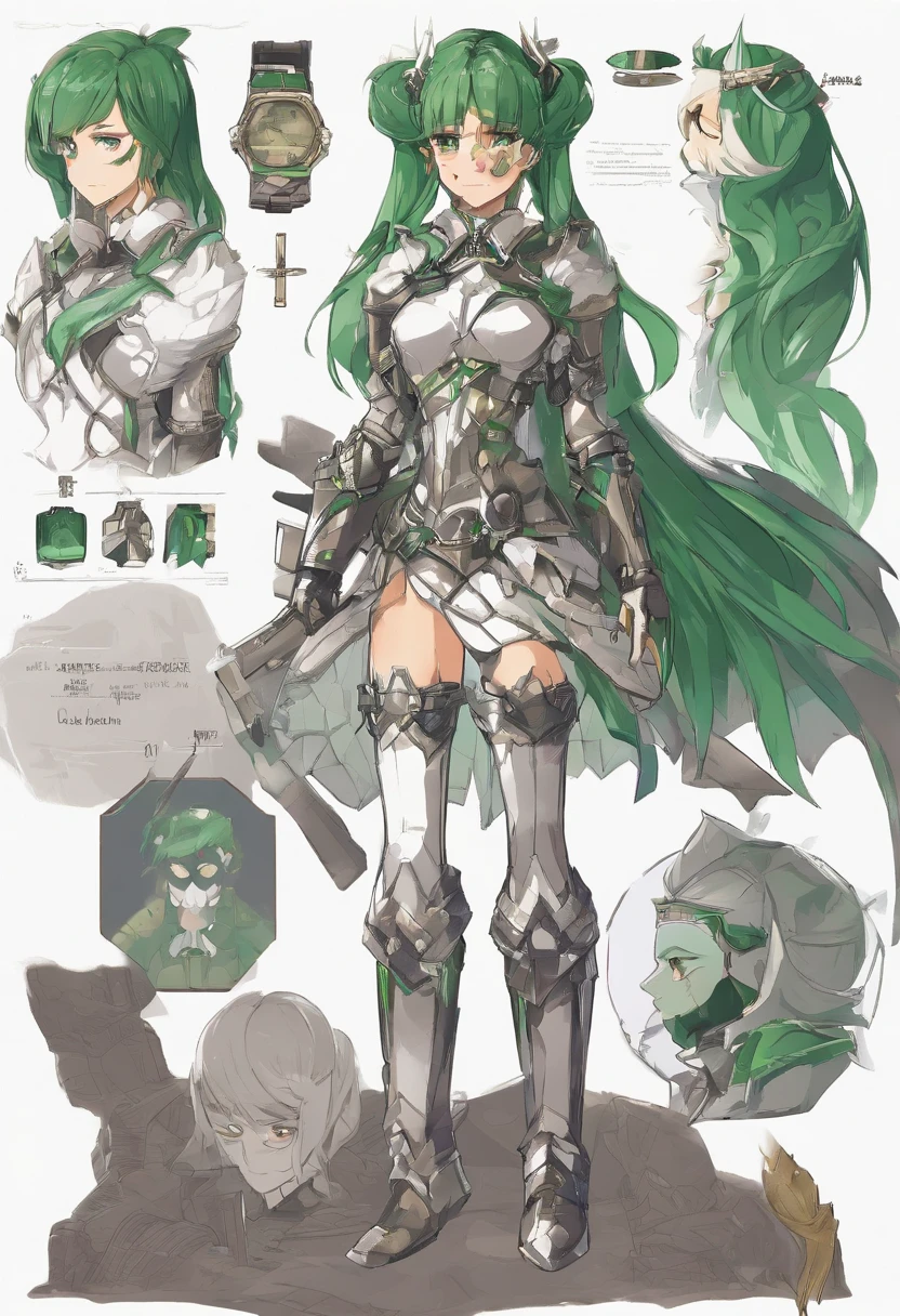 (8K,Best quality,style of anime),Ancient European realistic style armor,Silver-haired female knight,Green emerald pupils,High ponytail,Wearing silver-white armor,Delicate facial features,The drawing style is similar to that of characters in anime,Boots,Gaiters,with a pure white background,Character design,quadratic element,Include a small amount of introductory text,Three views of people