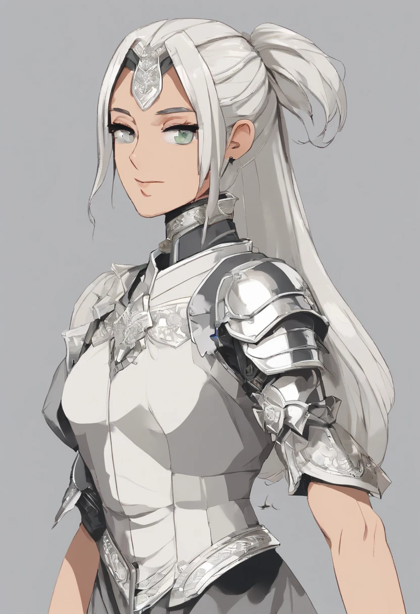 (8K,Best quality,style of anime),Ancient European realistic style armor,Silver-haired female knight,Green emerald pupils,High ponytail,Wearing silver-white armor,Delicate facial features,The drawing style is similar to that of characters in anime,Boots,Gaiters,with a pure white background,Character design,quadratic element,Include a small amount of introductory text,Three views of people