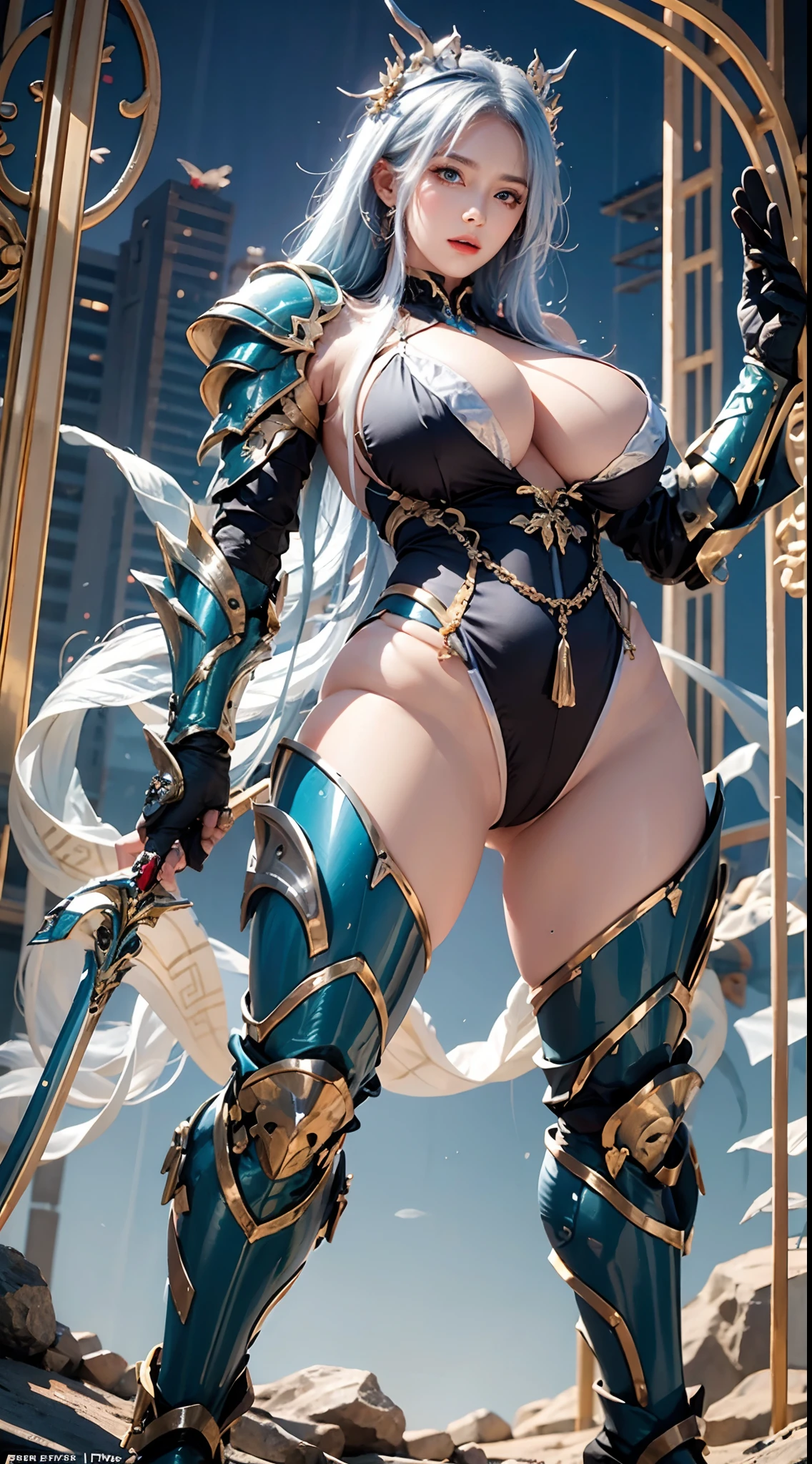 Silver Dragon Queen, Dragon spearman pose, huge boob, Mecha heavy armor, cleanness, standing, Thick body, muscle abs.