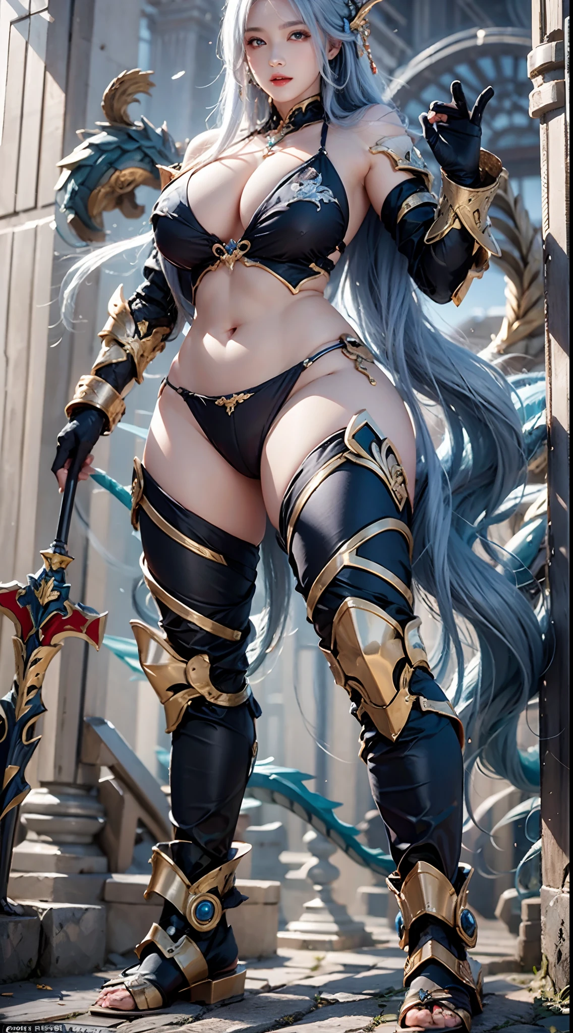 Silver Dragon Queen, Dragon spearman pose, huge boob, Mecha heavy armor, cleanness, standing, Thick body, muscle abs.