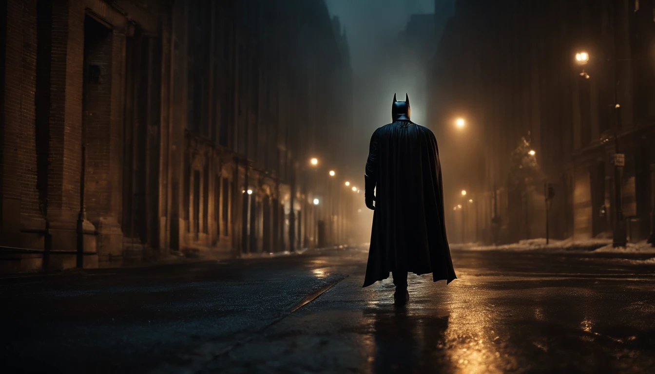Batman, Gotham city at night, Christopher Nolan style, drama and lifesaving, in dynamic, atmosphere of darkness and horror, dramatic light, highly detailed, packed with hidden details, hyper realistic, uhd image, realism, colorful realism, UHD, 8K