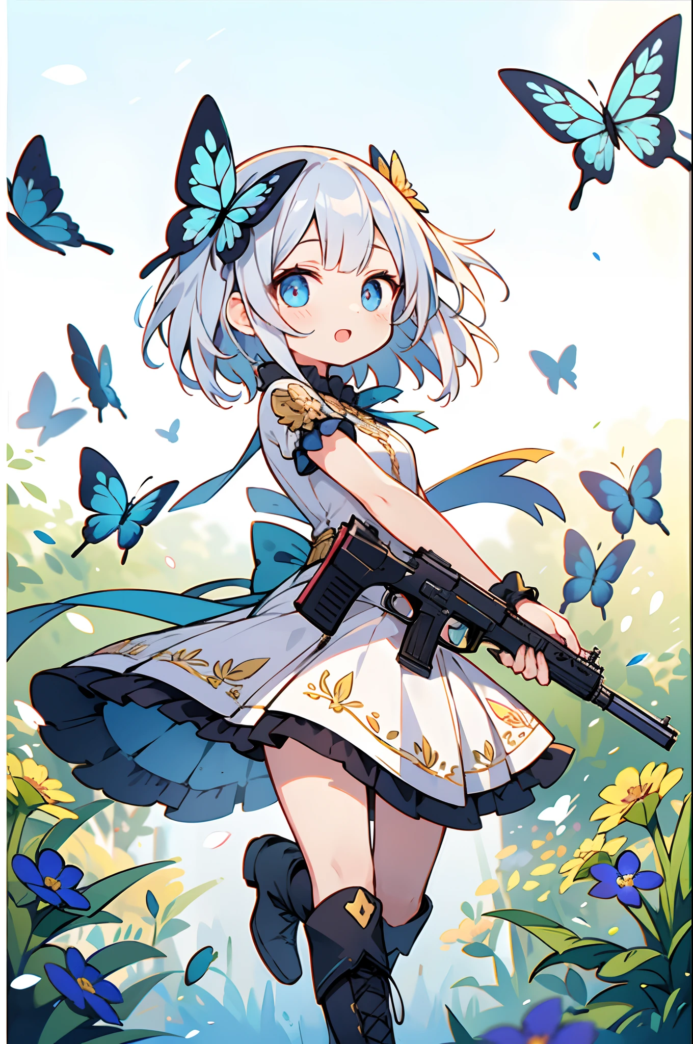 Octane Render、(Hyper-detailing: 1.15)、cinematic lightening、Cute Fantasy Princess、Handgun shooting practice、Fine Pattern Pistol,long boots、ultradetailed eyes、Full Paint、(Floral hair ornament、butterfly hair ornament)、masutepiece、Anatomically correct、blur、depth of fields
