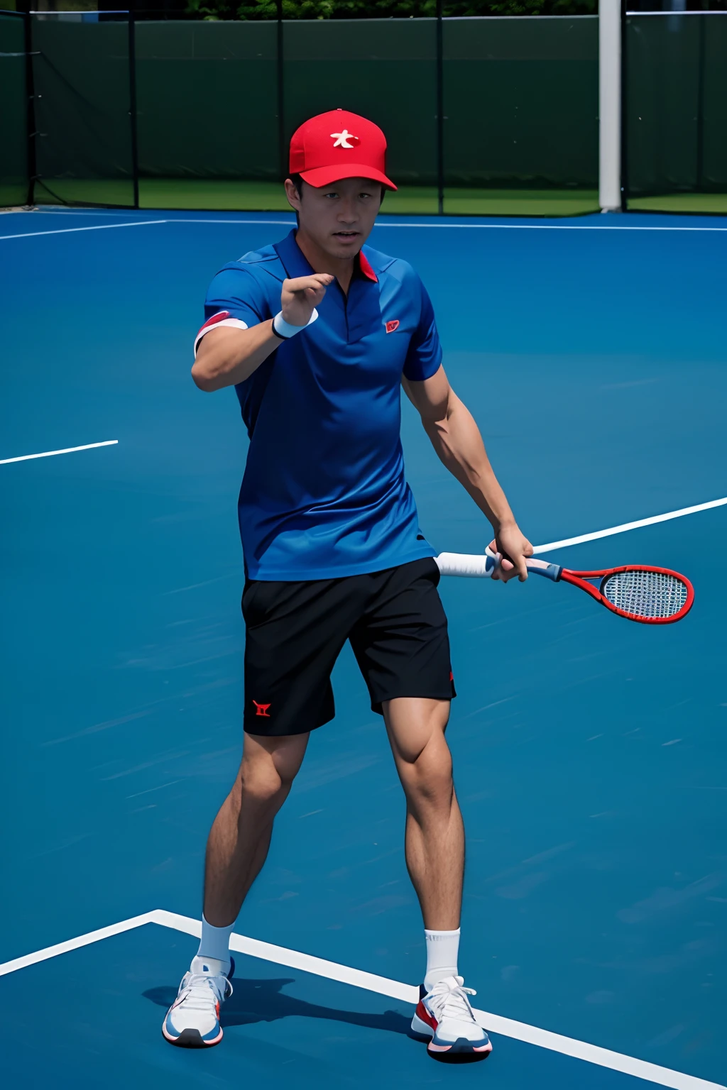 (RAW photography:1.5),(top-quality:1.5)、(A high resolution:1.5)、(RAW photography:1.5),(Photorealsitic:1.38)、(foco nítido:1.5)、 （Chinese men play tennis 1.8），（Hold a tennis racket in your hand 1.5），（There is a tennis ball flying in the air 1.5），（Red Hat，blue tshirts，Red and blue color scheme 1.8），（Full body photo 1.5），HD realistic photographic images，Photoreality