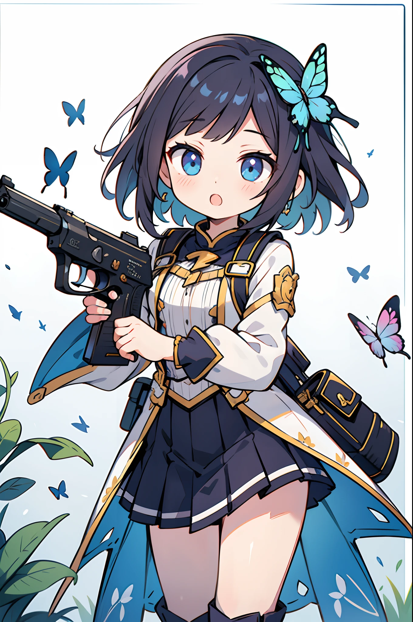 Octane Render、(Hyper-detailing: 1.15)、cinematic lightening、Cute Fantasy Princess、Handgun shooting practice、Fine Pattern Pistol,long boots、ultradetailed eyes、Full Paint、(Floral hair ornament、butterfly hair ornament)、masutepiece、Anatomically correct、blur、depth of fields