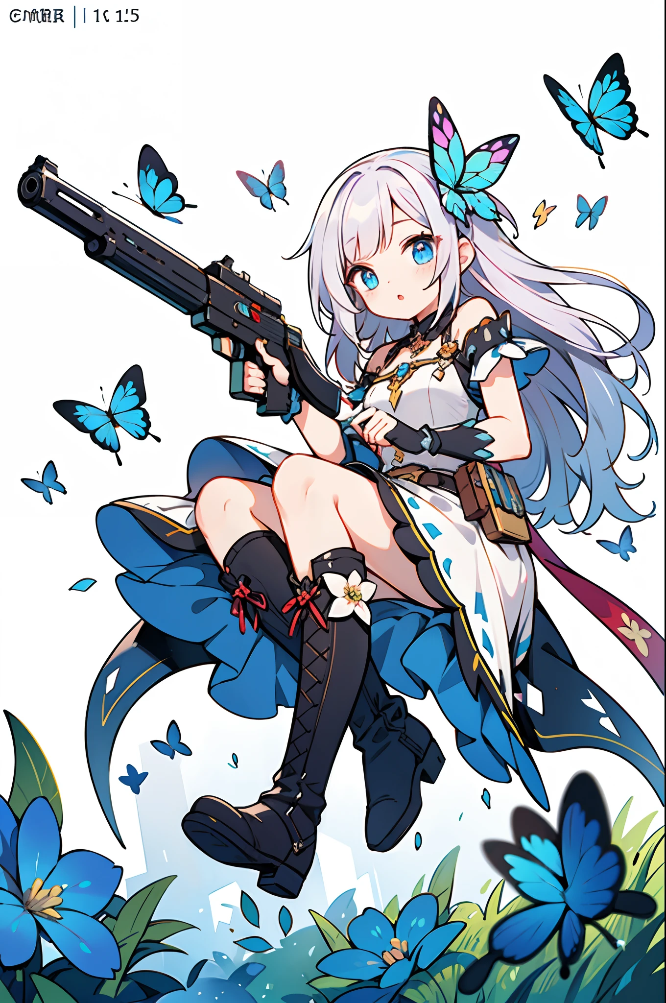 Octane Render、(Hyper-detailing: 1.15)、cinematic lightening、Cute Fantasy Princess、Handgun shooting practice、Fine Pattern Pistol,long boots、ultradetailed eyes、Full Paint、(Floral hair ornament、butterfly hair ornament)、masutepiece、Anatomically correct、blur、depth of fields