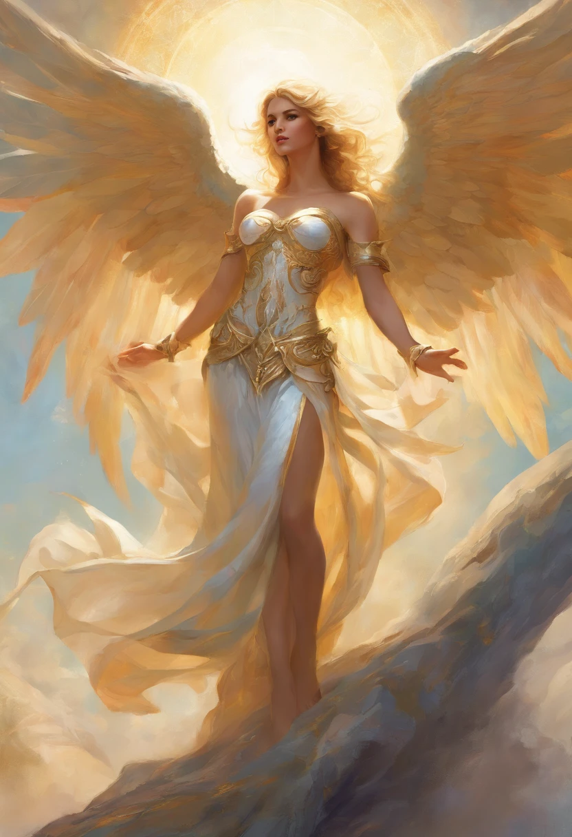 a painting of an angel, with a beautiful face, ((dramatic look at camera,((muscular body,strong,well-turned and muscular legs)), (((large and strong upper)), ((with several huge wings)), (((angel wings)), various positions (((full body shot)), full body man, Frank Kelly Freas, Karol Bak style, best quality,32k ultra quality, parade paper quality, movie picture, Classic 8K