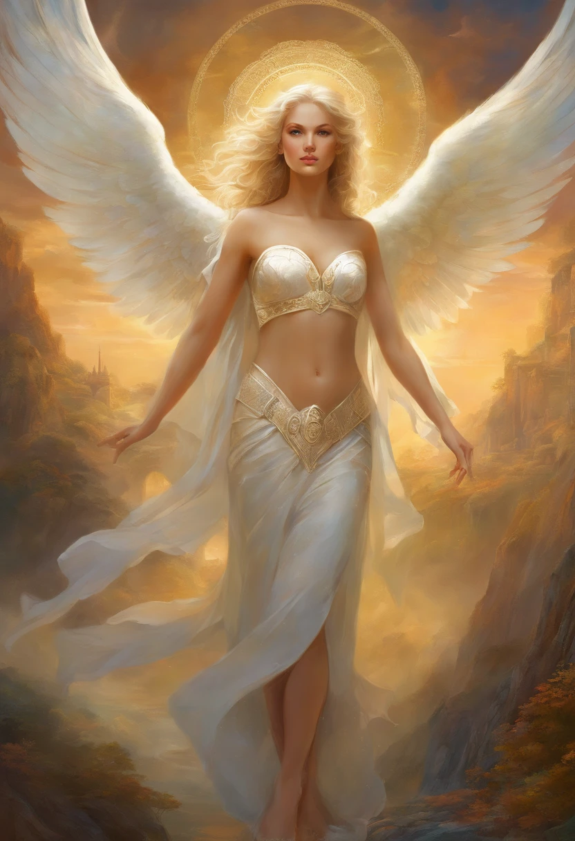 a painting of an angel, with a beautiful face, ((dramatic look at camera,((muscular body,strong,well-turned and muscular legs)), (((large and strong upper)), ((with several huge wings)), (((angel wings)), various positions (((full body shot)), full body man, Frank Kelly Freas, Karol Bak style, best quality,32k ultra quality, parade paper quality,  movie picture, Classic 8K