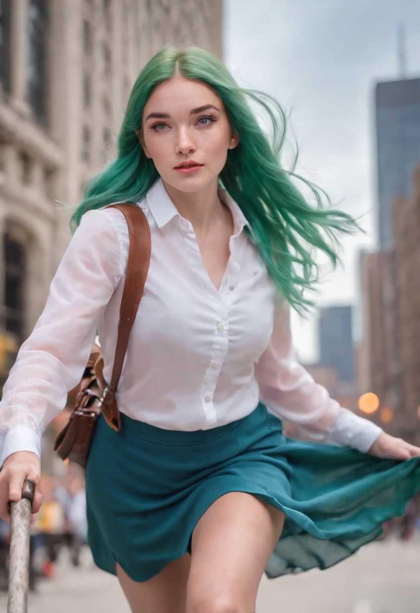 1girl, student, green/orange/pink hair, energetic, blue skirt, white blouse, freckles, she's a wizard riding her broom, windy background in the city of Chicago