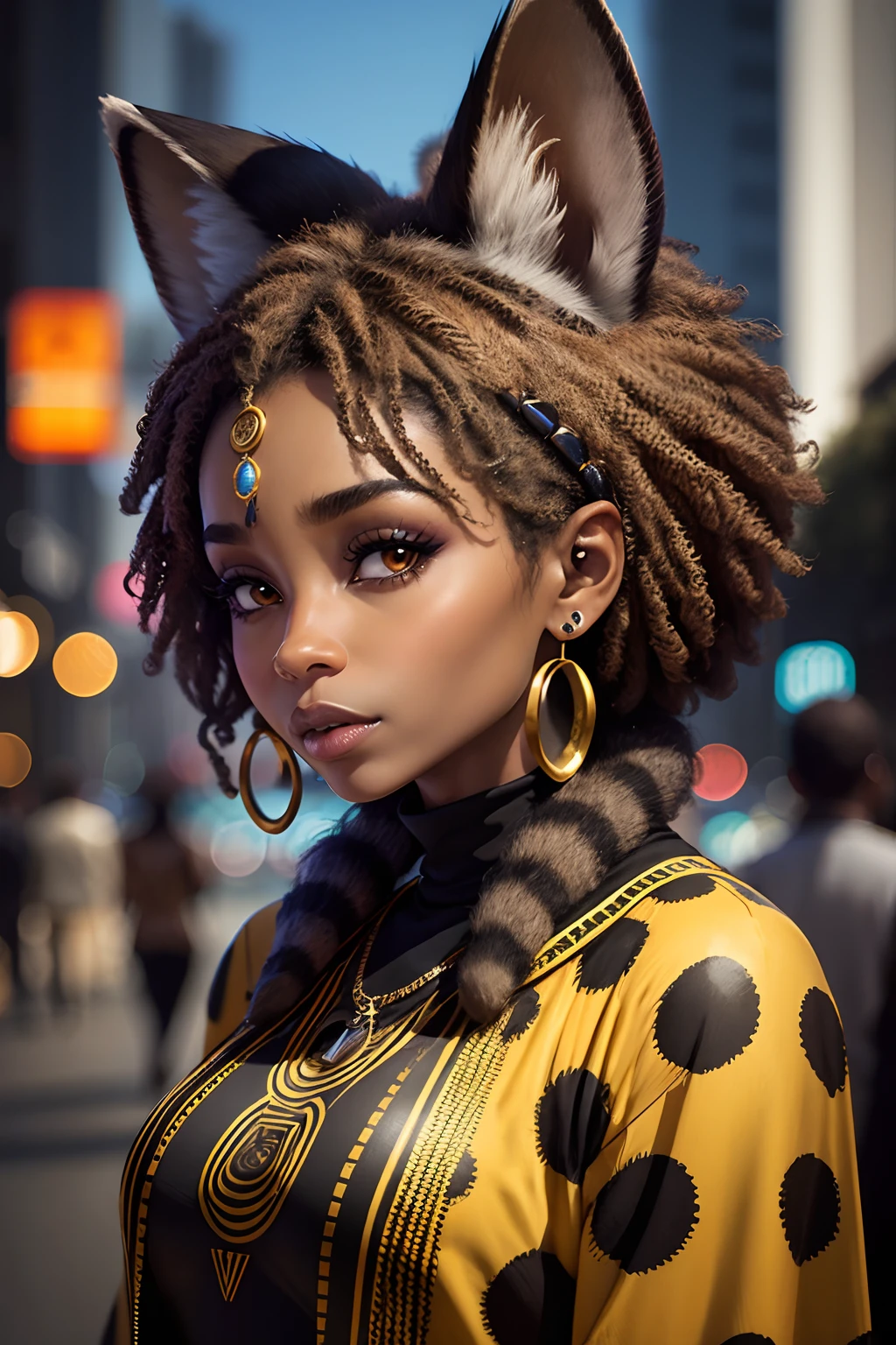 Groovy African 40 year old female raccoon face and ears, with human body, 3/4 profile portrait black woman, modern fashionable style. funky wild 2023 accessories. etc. blurry urban background