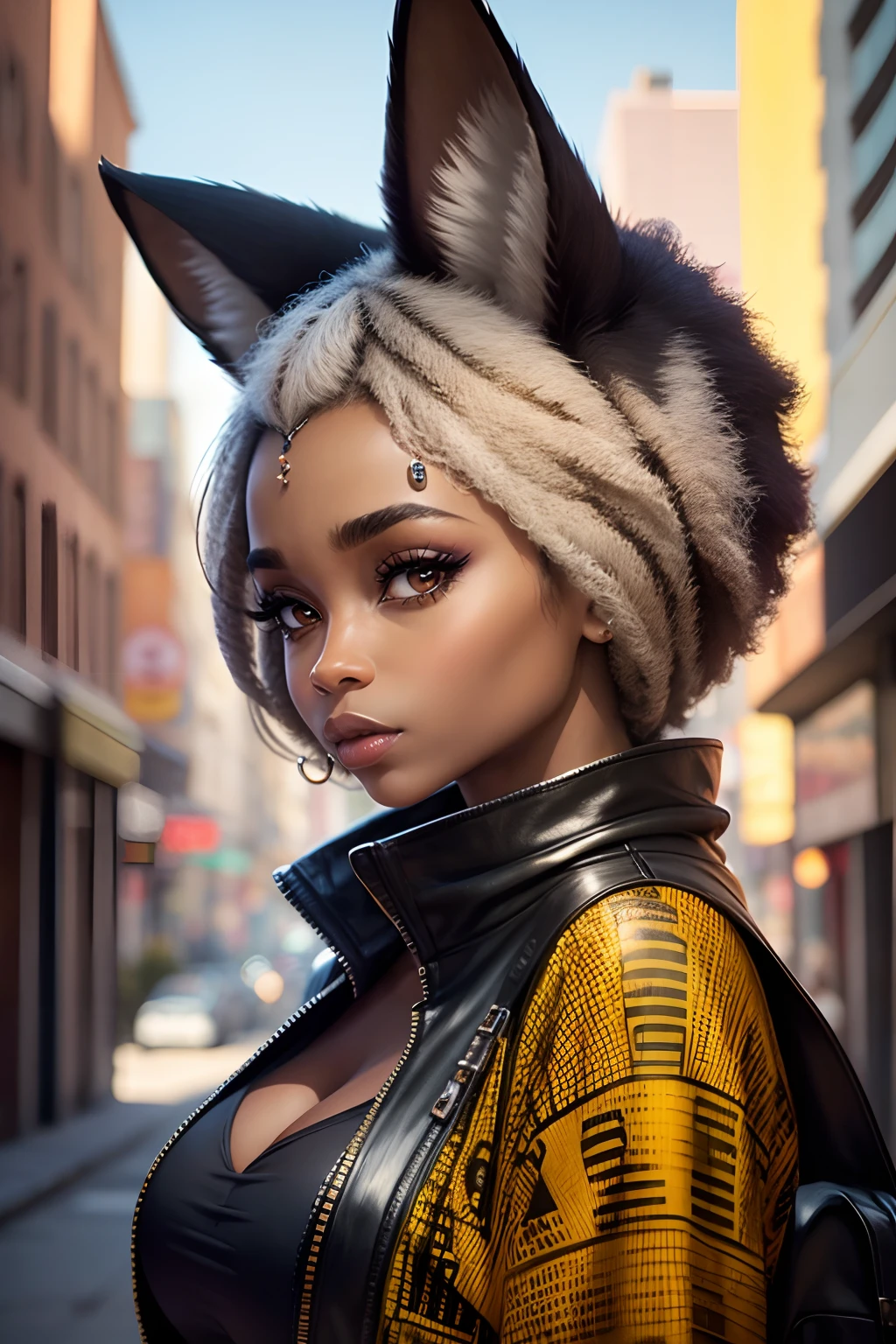 Groovy African 40 year old female raccoon face and ears, with human body, 3/4 profile portrait black woman, modern fashionable style. funky wild 2023 accessories. etc. blurry urban background