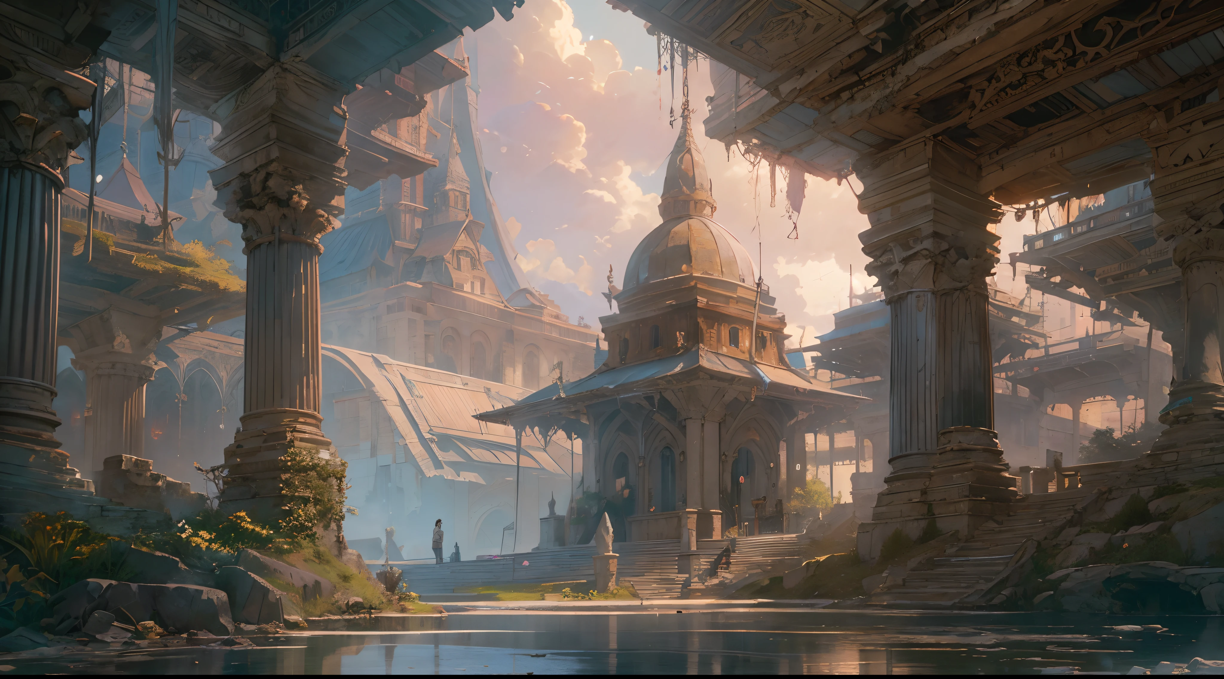 "(by Greg Rutkowski: 1.2), (masterpiece), ((best quality)), extremely delicate and beautiful, illustration, (fantasy landscape), A mesmerizing fantasy landscape with enchanting elements blending seamlessly. ((Bevelle temple from final fantasy X)), A sense of tranquility and wonder fills the air, inviting exploration and discovery. Providing a distant view that captures the grandeur and atmosphere. From Brian Froud and Carne Griffiths and Wadim Kashin and John William Waterhouse, 8K post-production, high resolution, hyperdetailed, depth of field, HDR, intricate"