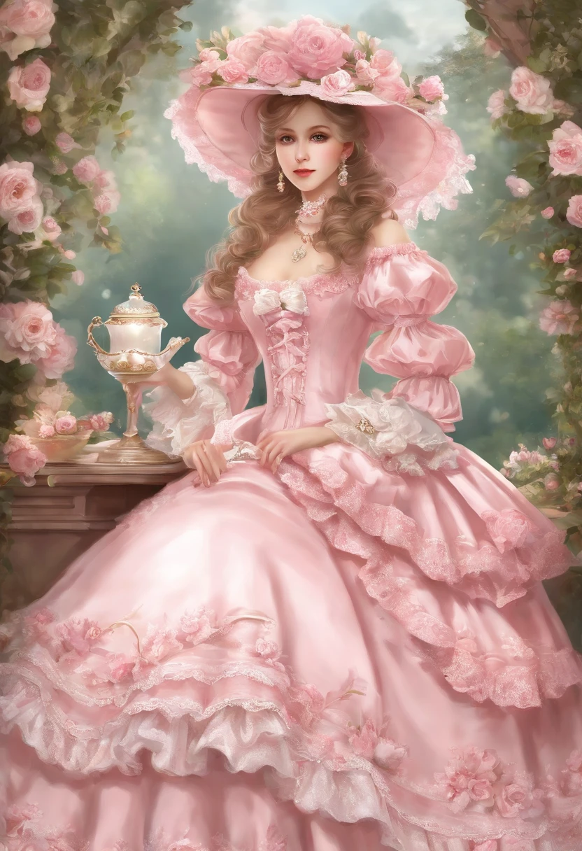 Arafe in a pink and white dress and hat, Takanobu Fujiwara(Takanobu Fujiwara)Digital rendering inspired by, pixiv, rococo, Victoria Gothic Lolita Fashion, Lolita Style, Rococo Queen (Rococo Queen) , rococo dress, lolita fashion, one-piece,(lingerie:1.3)