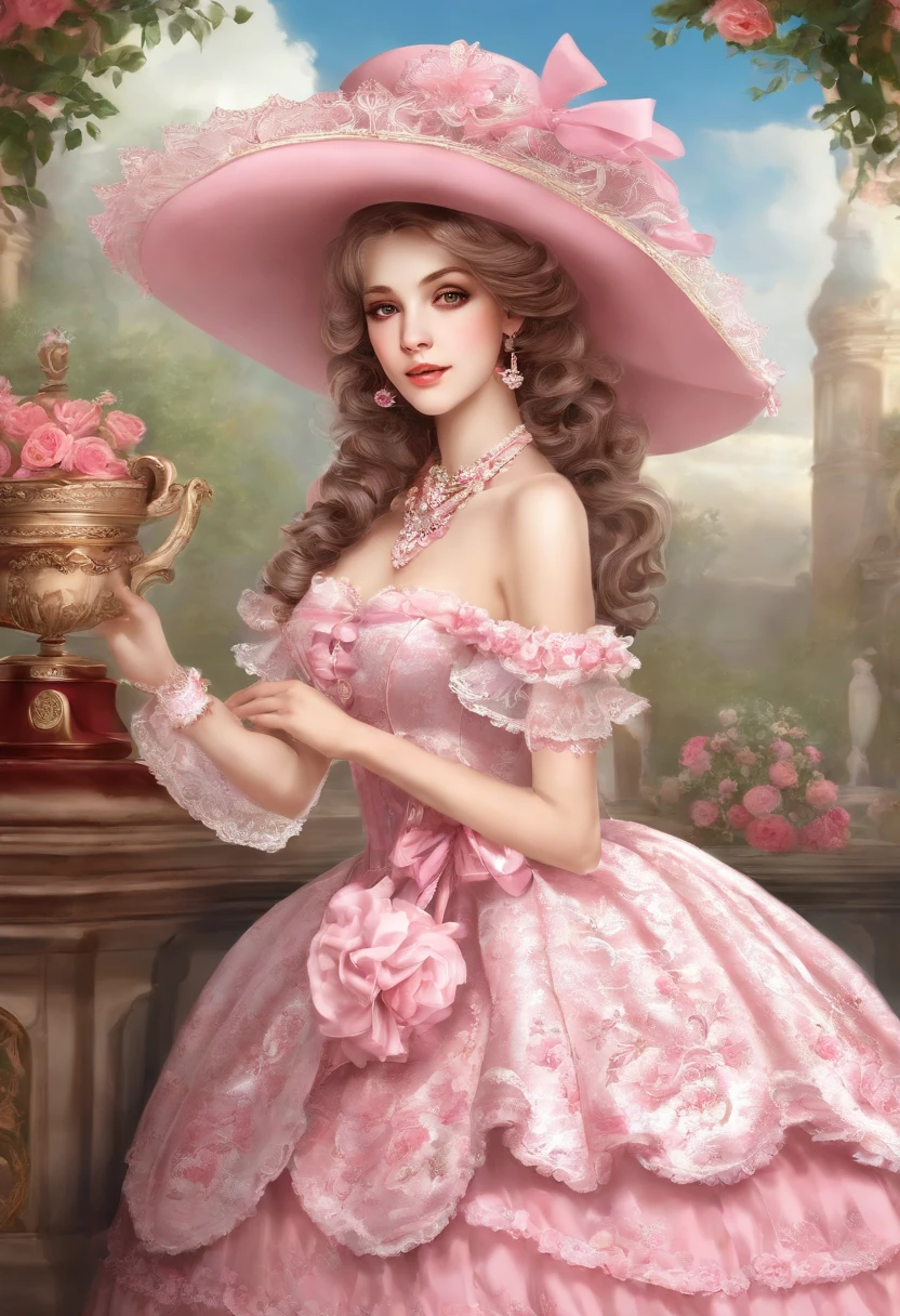 Arafe in a pink and white dress and hat, Takanobu Fujiwara(Takanobu Fujiwara)Digital rendering inspired by, pixiv, rococo, Victoria Gothic Lolita Fashion, Lolita Style, Rococo Queen (Rococo Queen) , rococo dress,  lolita fashion, one-piece,(lingerie:1.3)