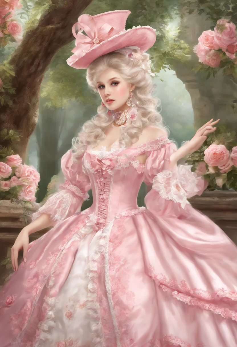 Arafe in a pink and white dress and hat, Takanobu Fujiwara(Takanobu Fujiwara)Digital rendering inspired by, pixiv, rococo, Victoria Gothic Lolita Fashion, Lolita Style, Rococo Queen (Rococo Queen) , rococo dress,  lolita fashion, one-piece,(lingerie:1.3)