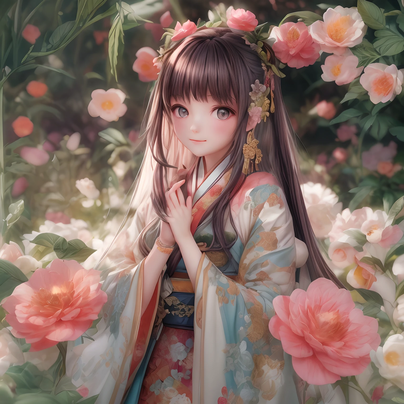 Angle,(A cute girl,Single,anatomy correct,full bodyesbian,Masterpiece camellia,Representative work Hanfu,ssmile),(illustratio,paper art,3Drenderingof),(plethora of colors,Best quality,high detal,tmasterpiece,Cinematic lighting effects,4K,Chiaroscuro)
