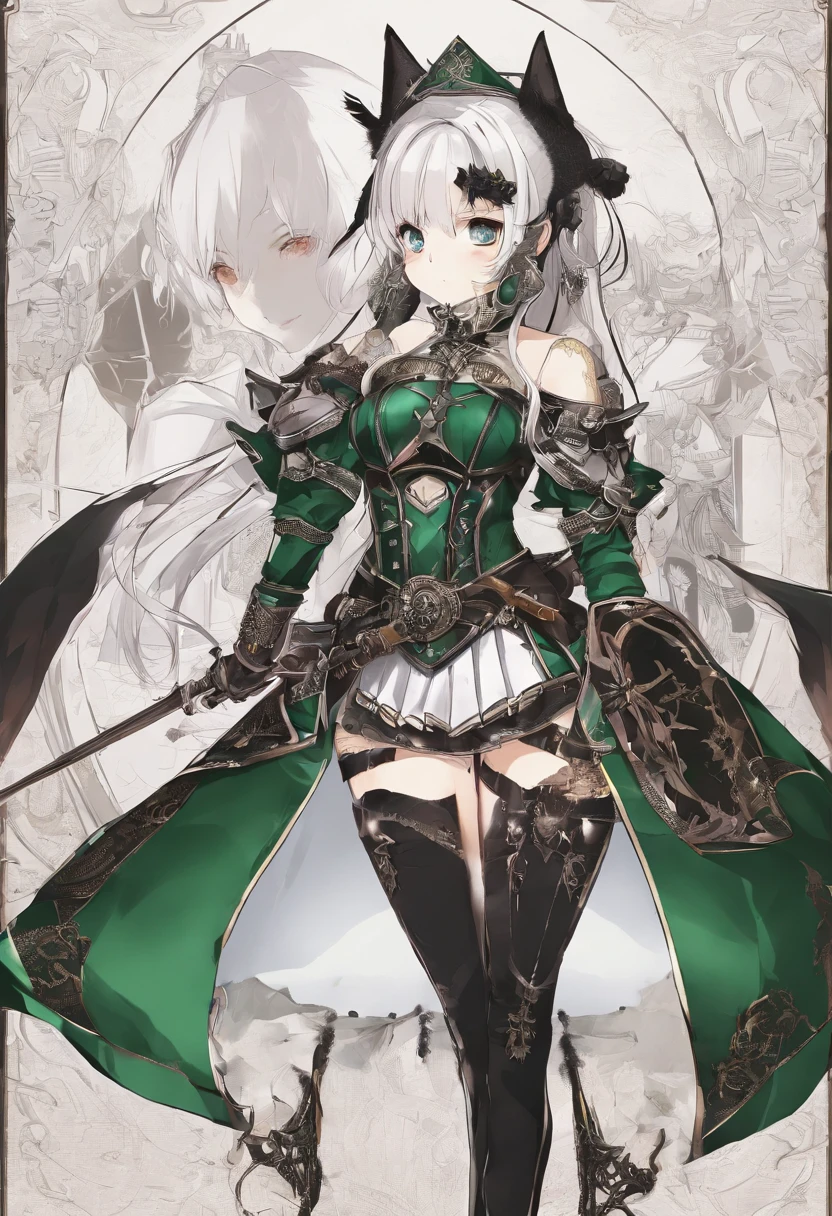 (8K,Best quality,style of anime),Ancient European realistic style armor,Silver-haired female knight,Green emerald pupils,High ponytail,Wearing silver-white armor,Delicate facial features,The drawing style is similar to that of characters in anime,Boots,Gaiters,with a pure white background,Character design,quadratic element,Include a small amount of introductory text,Three views of people