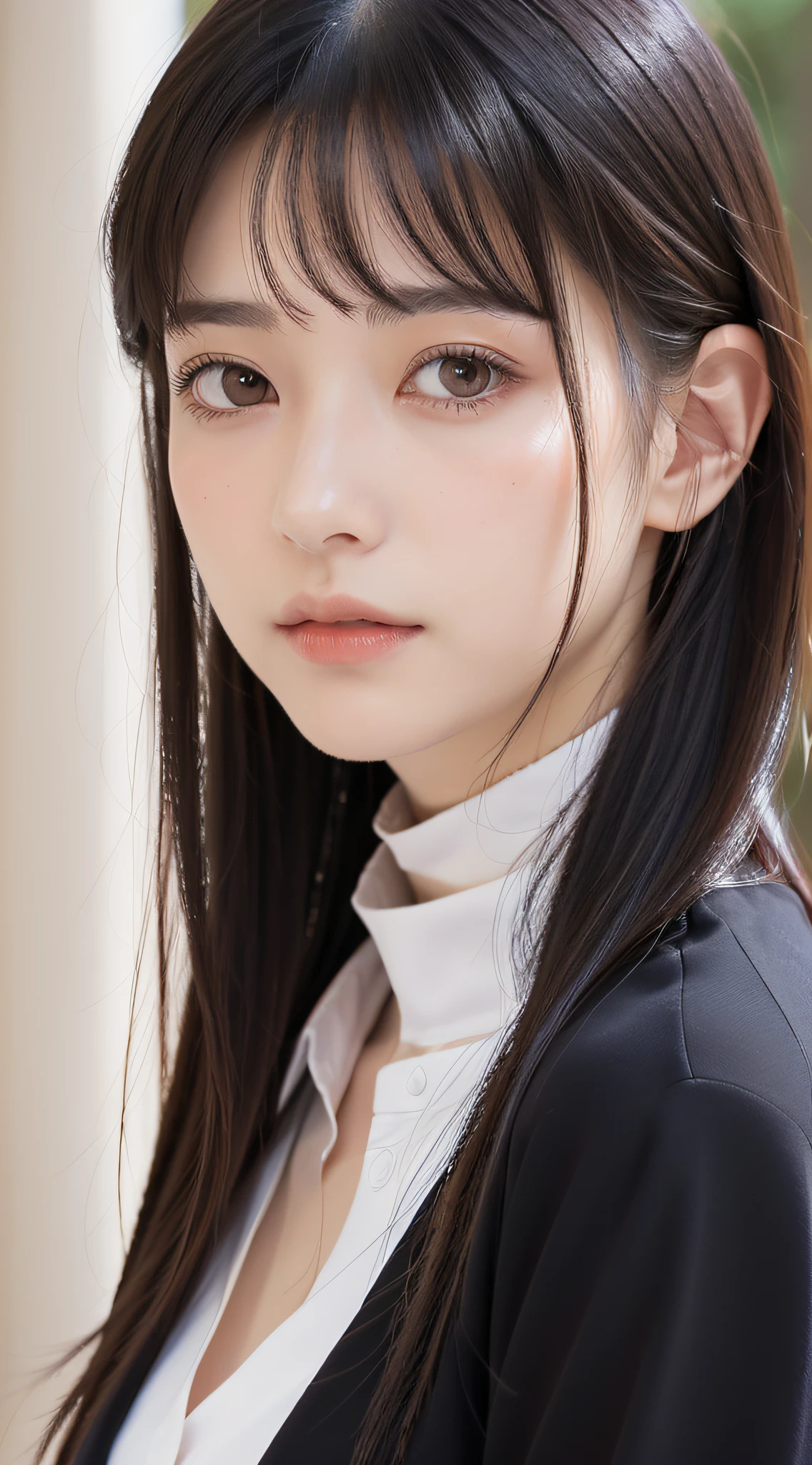 1 adult female, (up of face:1.5), Black hair, Blunt bangs, hair behind ear, hair over shoulder, Long hair, Ultra Fine Face, Thin face, Delicate lips, (beautidful eyes:1.5), thin blush, eyes are light brown,View here, （Hands hide）, formal jackets, a choker ,Port Area ,One-person viewpoint,  8K, masutepiece, nffsw, Super Detail, High quality, Best Quality, hight resolution,