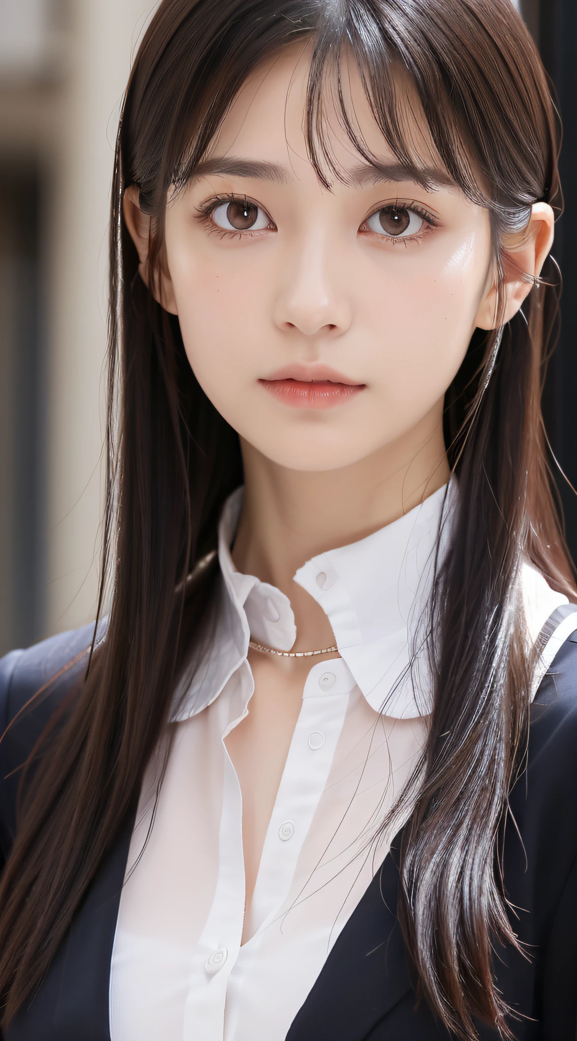 1 adult female, (up of face:1.5), Black hair, Blunt bangs, hair behind ear, hair over shoulder, Long hair, Ultra Fine Face, Thin face, Delicate lips, (beautidful eyes:1.5), thin blush, eyes are light brown,View here, （Hands hide）, formal jackets, a choker ,Port Area ,One-person viewpoint,  8K, masutepiece, nffsw, Super Detail, High quality, Best Quality, hight resolution,