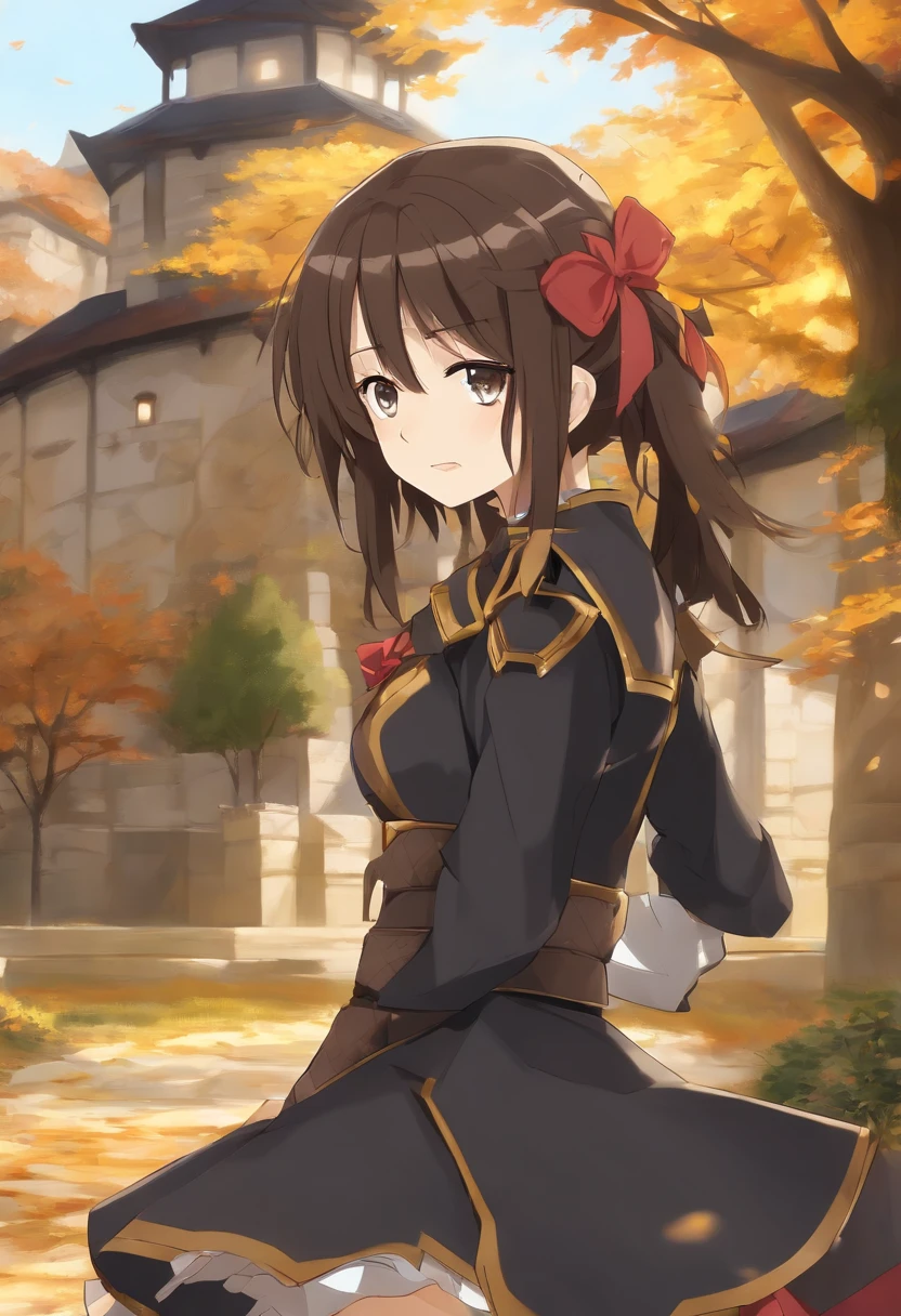 taking photographs:Majik Yagur, Teenage girl in black knight armor, Angry smile, In the style of Kyoto Animation in the 2010s, Official art, ((((Black hair)), Haruhi Suzumiya's eyes, Haruhi Suzumiya's face)), beautiful symmetrical face, Ponytail, In a medieval European castle on an autumn day, Fantasy, Alone, Solo, 8K, Haruhi Suzumiya's Pose