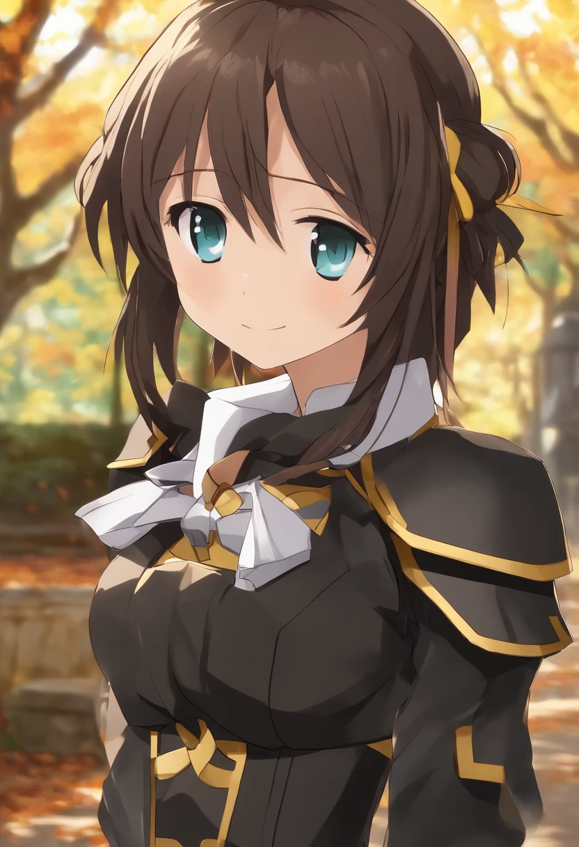taking photographs:Majik Yagur, Teenage girl in black knight armor, Angry smile, In the style of Kyoto Animation in the 2010s, Official art, ((((Black hair)), Haruhi Suzumiya's eyes, Haruhi Suzumiya's face)), beautiful symmetrical face, Ponytail, In a medieval European castle on an autumn day, Fantasy, Alone, Solo, 8K, Haruhi Suzumiya's Pose