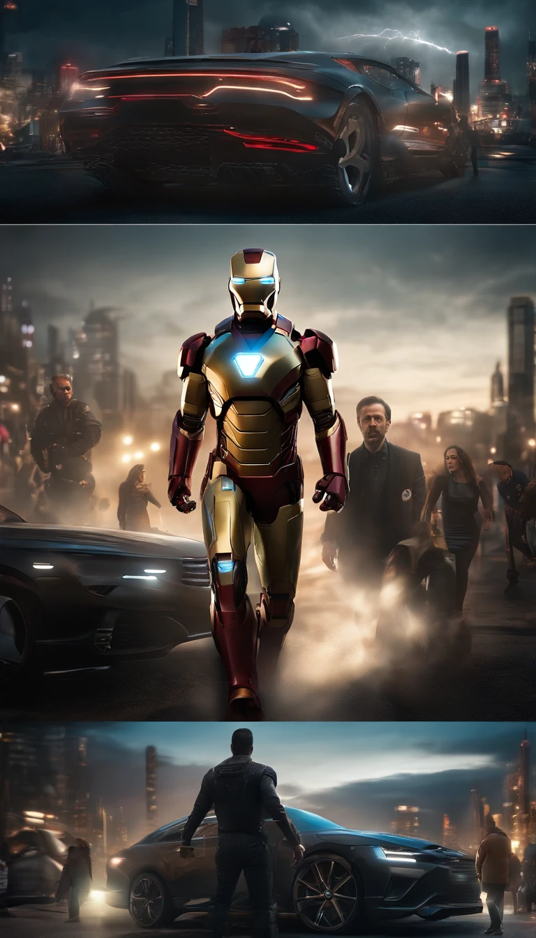 Iron man style babysitter ，(masterpiece,extreme detailed,top quality)，majestic-looking，Forward stance，Stunning colors，Set in a futuristic cyberpunk style city，the street，crowd of，（Movie lighting），（light and shadow effect），（unreal-engine），（Tyndall），（cinema4d），（Super futuristic fantasy style），（8k wallpaper），（tmasterpiece），（Photography Award），realisticlying