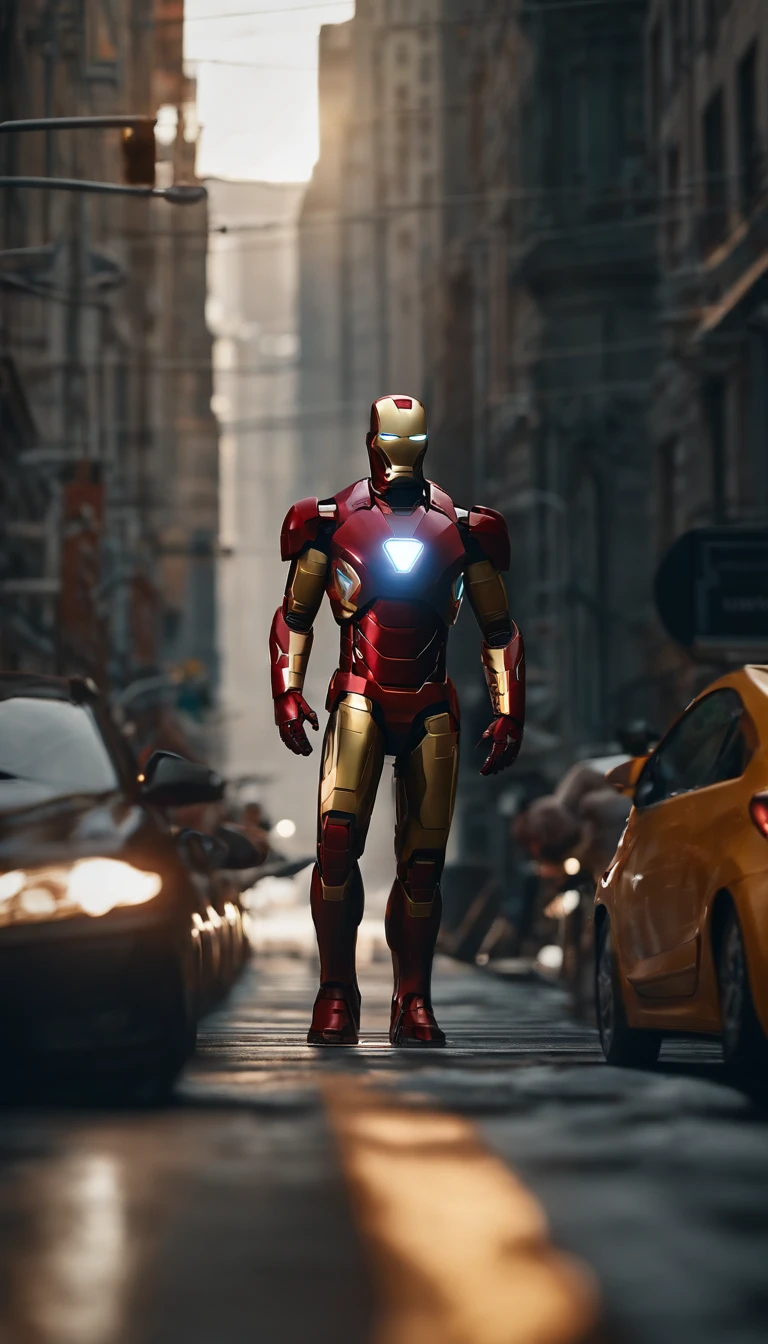 Iron man style babysitter ,(masterpiece,extreme detailed,top quality),majestic-looking,Forward stance,Stunning colors,Set in a futuristic cyberpunk style city,the street,crowd of,(Movie lighting),(light and shadow effect),(unreal-engine),(Tyndall),(cinema4d),(Super futuristic fantasy style),(8k wallpaper),(tmasterpiece),(Photography Award),realisticlying