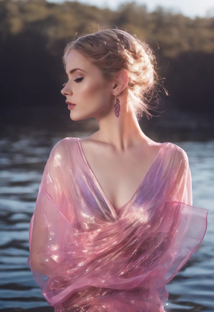((half length portrait)), RAW photo, full color, high resolution photograph of a 18 yo woman, close up, goddess, photorealistic, cinematic, dramatic, perfect face, well formed facial features, short hair, wing eyeliner, dark make up, dark lips, small breasts, perfectly formed breasts, topless, iridescent pink grecian clothing, beautiful flowing pink skirt, intricate fabric, transparent iridescent skirt, by a lake, emerging from the lake, wet clothes, wet skin, morning sunshine, lens flare, short depth of field, low contrast, shadows, accurate face, high quality, detailed facial features, accurate hands, erotic pose, sensual, pre-raphaelite, j.w waterhouse
