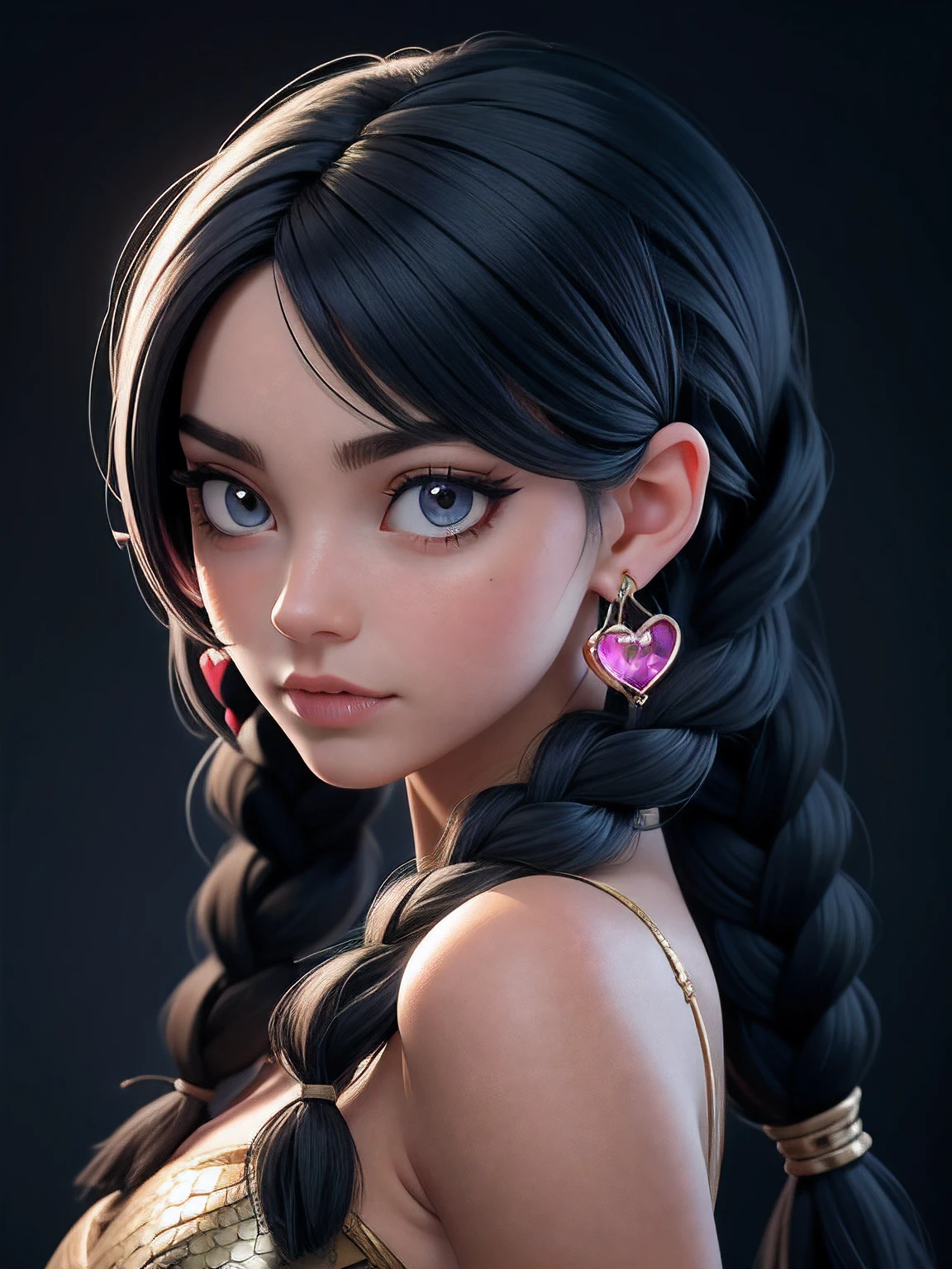 black hair, dark blue hair, curly hair, hair over shoulder, messy hair, twin braids, snake hair ornament, snake pupils, heart earrings, pain, Surrealism, three sided view, f/1.2, 8k, super detail, UHD, masterpiece, textured skin, super detail, high quality, high details, award winning, best quality, highres, 16k, 8k