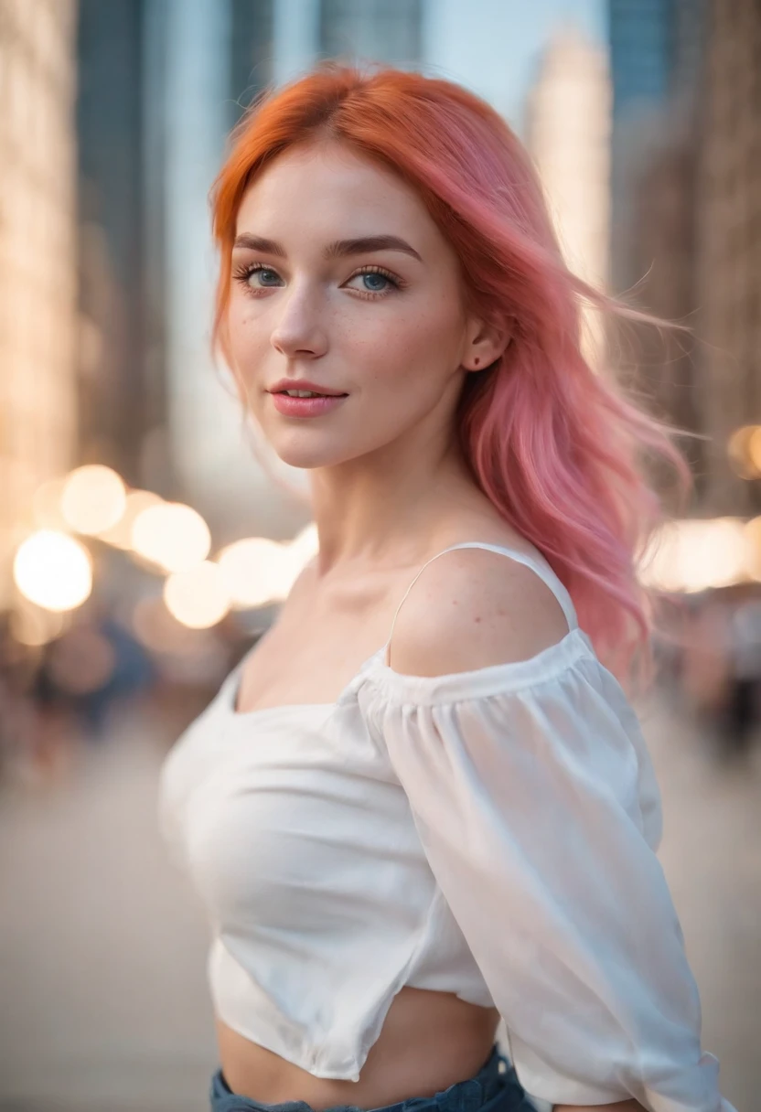 1girl, student, young, happy, green/orange/pink hair, energetic, blue skirt, white blouse, freckles, she's a wizard , windy background in the city of Chicago, photorealistic, bright lighting, detailed