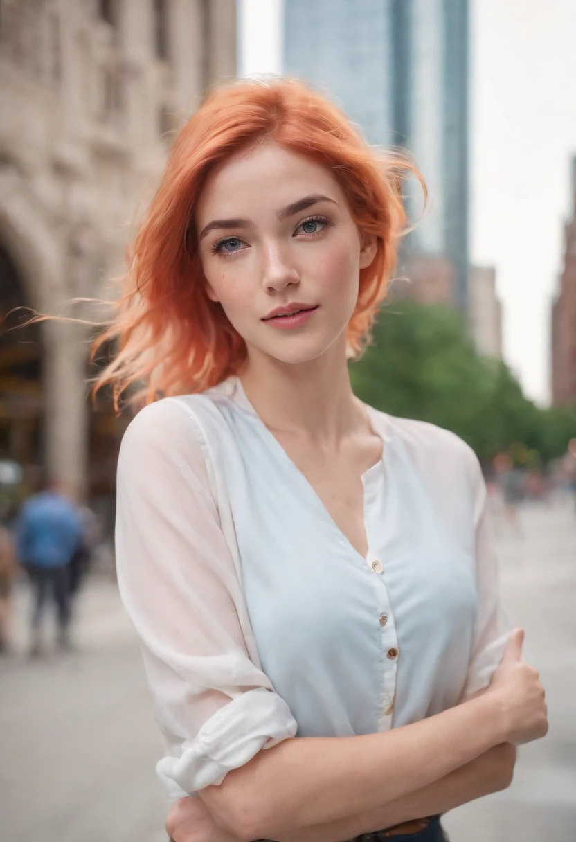 1girl, student, young, happy, green/orange/pink hair, energetic, blue skirt, white blouse, freckles, she's a wizard , windy background in the city of Chicago, photorealistic, bright lighting, detailed