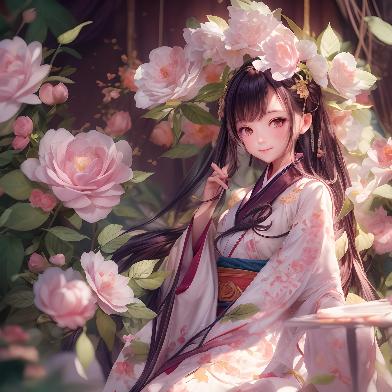  Angle，（A cute girl，Single，anatomy correct，full bodyesbian，Masterpiece camellia，Representative work Hanfu，ssmile），（illustratio，paper art，3Drenderingof），（plethora of colors，Best quality，high detal，tmasterpiece，Cinematic lighting effects，4K，Chiaroscuro）