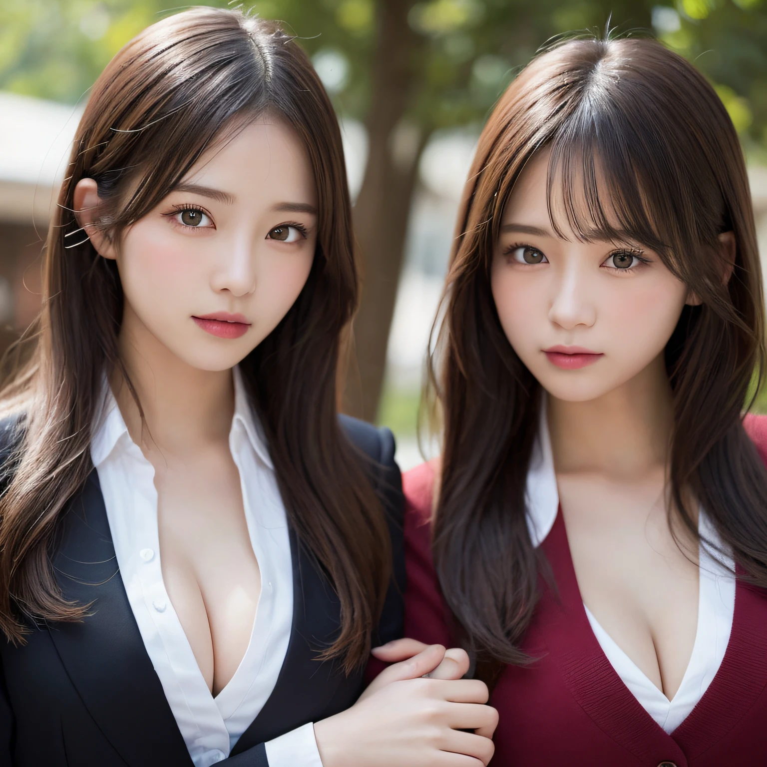 2 girls in、masutepiece, Best Quality, Illustration, Ultra-detailed, finely detail, hight resolution, 8K Wallpaper, Perfect dynamic composition, Beautiful detailed eyes, Natural Lip,Luxury Uniforms, cleavage, up of face、,Swaying hair、