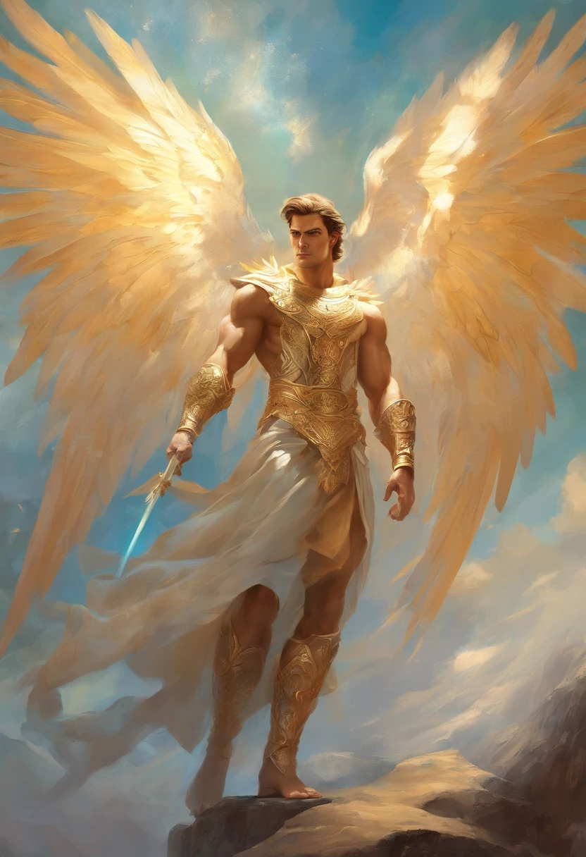 a painting of an angel man, with a beautiful face, ((dramatic look at camera)),((muscular body of man, sculptural body, strong,well-turned and muscular legs)), ((large and strong upper)), ((with several huge wings)), ((angel wings)), various positions (((full body shot)), full body man, Frank Kelly Freas, Karol Bak style, best quality, 32k ultra quality, parade paper quality, movie picture, Classic 8K