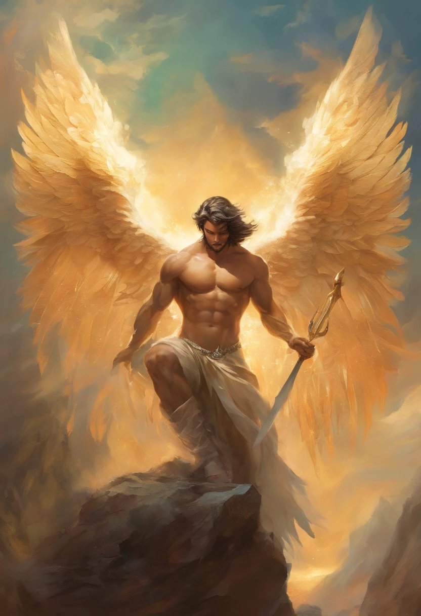 a painting of an angel man, with a beautiful face, ((dramatic look at camera)),((muscular body of man, sculptural body, strong,well-turned and muscular legs)), ((large and strong upper)), ((with several huge wings)), ((angel wings)), various positions (((full body shot)), full body man, Frank Kelly Freas, Karol Bak style, best quality, 32k ultra quality, parade paper quality, movie picture, Classic 8K