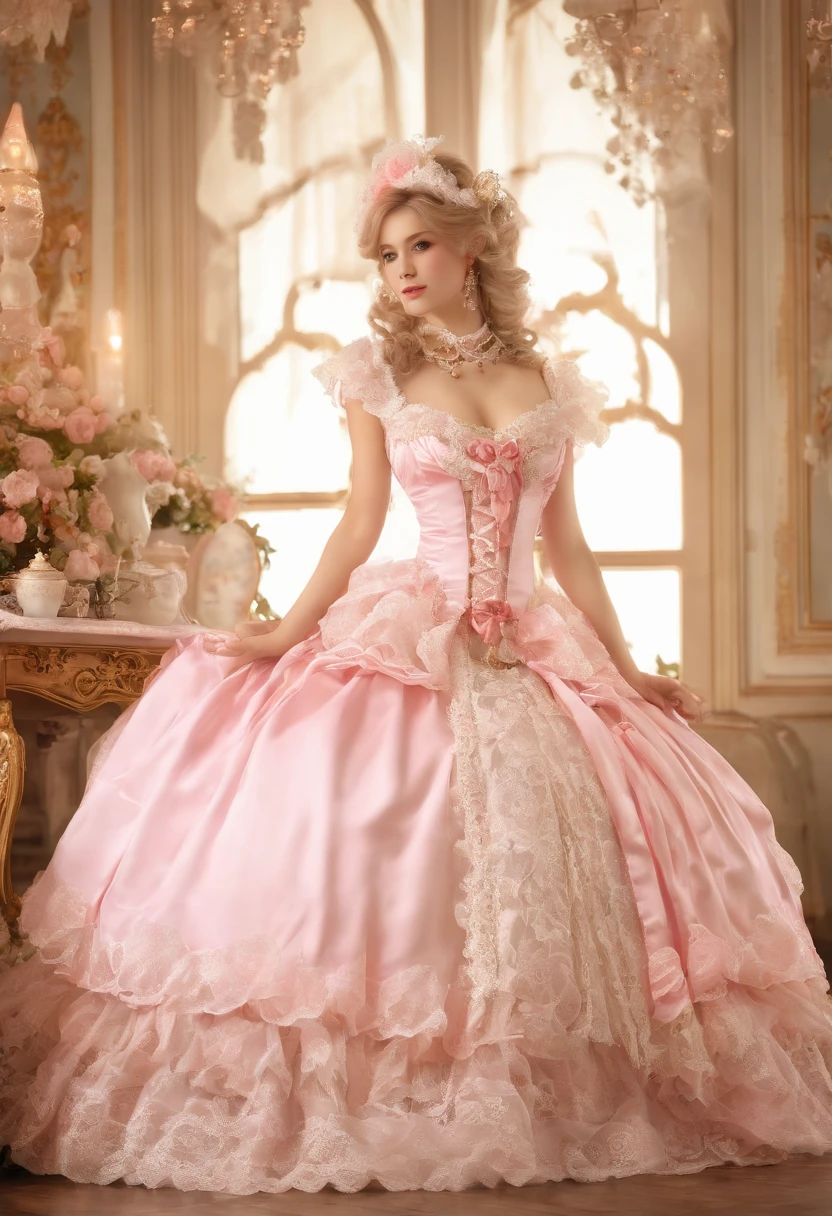 (lingerie:1.3),Pink and white dress, Takanobu Fujiwara(Takanobu Fujiwara)Digital rendering inspired by, pixiv, rococo, Victoria Gothic ta Fashion, Lolityle, Rococo Queen (Rococo Queen) (Rococo Queen (Rococo Queen)) , rococo dress, lolita fon, one-piece,