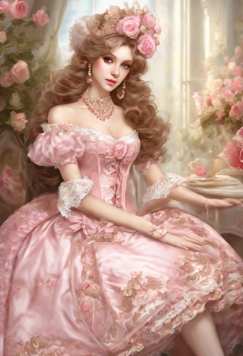 (lingerie:1.3),Pink and white dress, Takanobu Fujiwara(Takanobu Fujiwara)Digital rendering inspired by, pixiv, rococo, Victoria Gothic Lolita Fashion, Lolita Style, Rococo Queen (Rococo Queen) (Rococo Queen (Rococo Queen)) , rococo dress,  lolita fashion, one-piece,