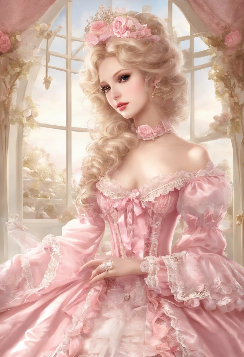 (lingerie:1.3),Pink and white dress, Takanobu Fujiwara(Takanobu Fujiwara)Digital rendering inspired by, pixiv, rococo, Victoria Gothic ta Fashion, Lolityle, Rococo Queen (Rococo Queen) (Rococo Queen (Rococo Queen)) , rococo dress,  lolita fon, one-piece,