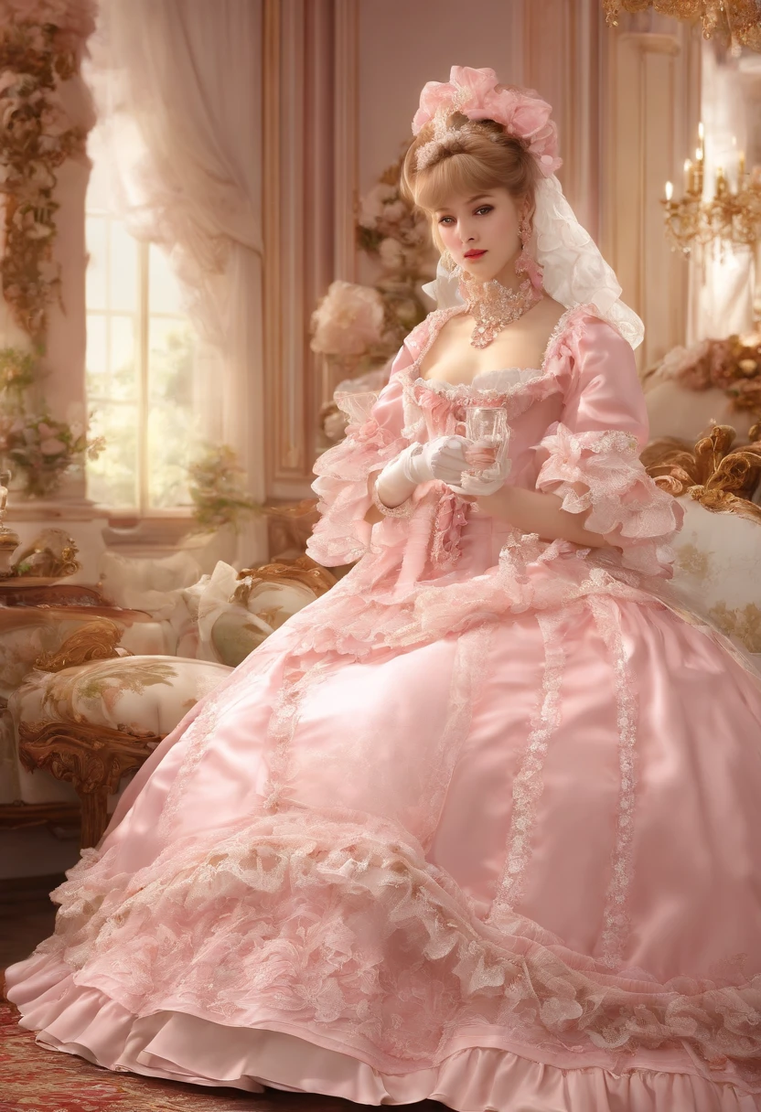 (lingerie:1.3),Pink and white dress, Takanobu Fujiwara(Takanobu Fujiwara)Digital rendering inspired by, pixiv, rococo, Victoria Gothic ta Fashion, Lolityle, Rococo Queen (Rococo Queen) (Rococo Queen (Rococo Queen)) , rococo dress, lolita fon, one-piece,