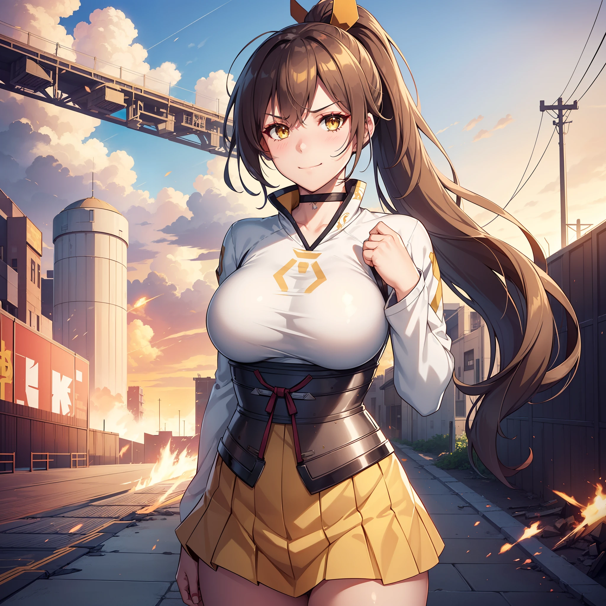 1girl,Zuikaku,gigantic breasts,superhero pose,standing in ruined city,(8k),scratches,detailed face,brown hair,yellow eyes,very long hair,embarassed,small smile face, side ponytail,orange eyeshadow,hair ornament, high_res, high_definition,the battlefield,white corset,white cape,(Emma frost Custom 1:1),