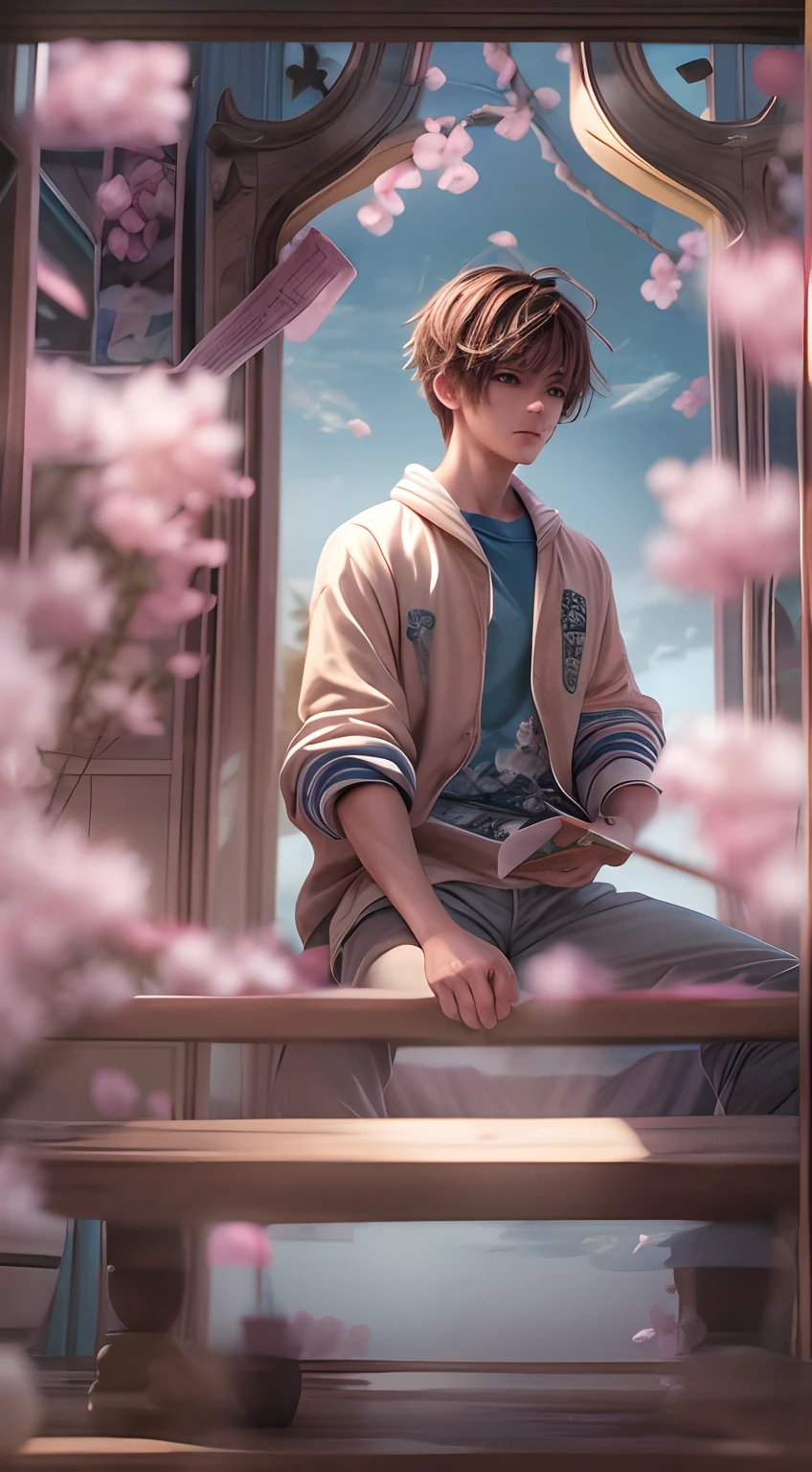  Angle，（A cute boy，Single，anatomy correct，full bodyesbian，Masterpiece peach blossom，Masterpiece casual sportswear，Handsome），（illustratio，paper art，3Drenderingof），（plethora of colors，Best quality，high detal，tmasterpiece，Cinematic lighting effects，4K，Chiaroscuro）