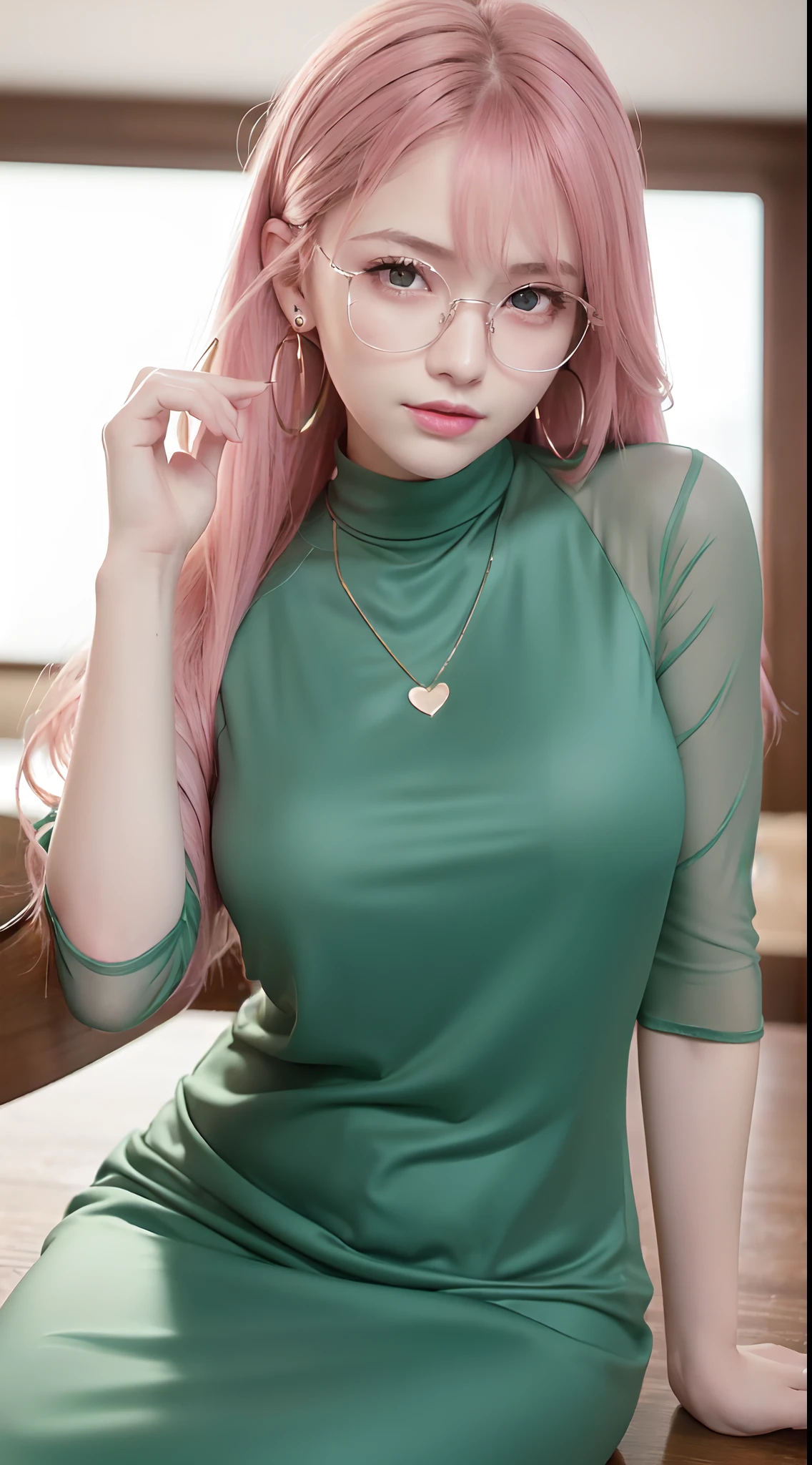 clew: (Best quality,32K,A high resolution,Masterpiece:1.2),Ultra-detailed,(Realistic,Photorealistic,photo-realistic:1.37),Green clover hair,detailed hairs,Detailed eyes,Metal glasses frame,Tempting eyeballs,Reflective,Plump pink lips,Heart-shaped earrings,smiling expression,Pink translucent maxi dress,Lie on the table,one-girl。
Solve it in a timely manner: (Best quality, 32K, A high resolution, Masterpiece:1.2), Ultra-detailed, (Realistic,Photorealistic,photo-realistic:1.37), Green clover hair, Detailed hair strands, intricately detailed eyes, Metal spectacle frames, a captivating gaze, Reflective, sweet pink lips, Heart-shaped earrings, smiling expression, Floor-to-ceiling translucent pink dress, Leaning on the table, A girl.