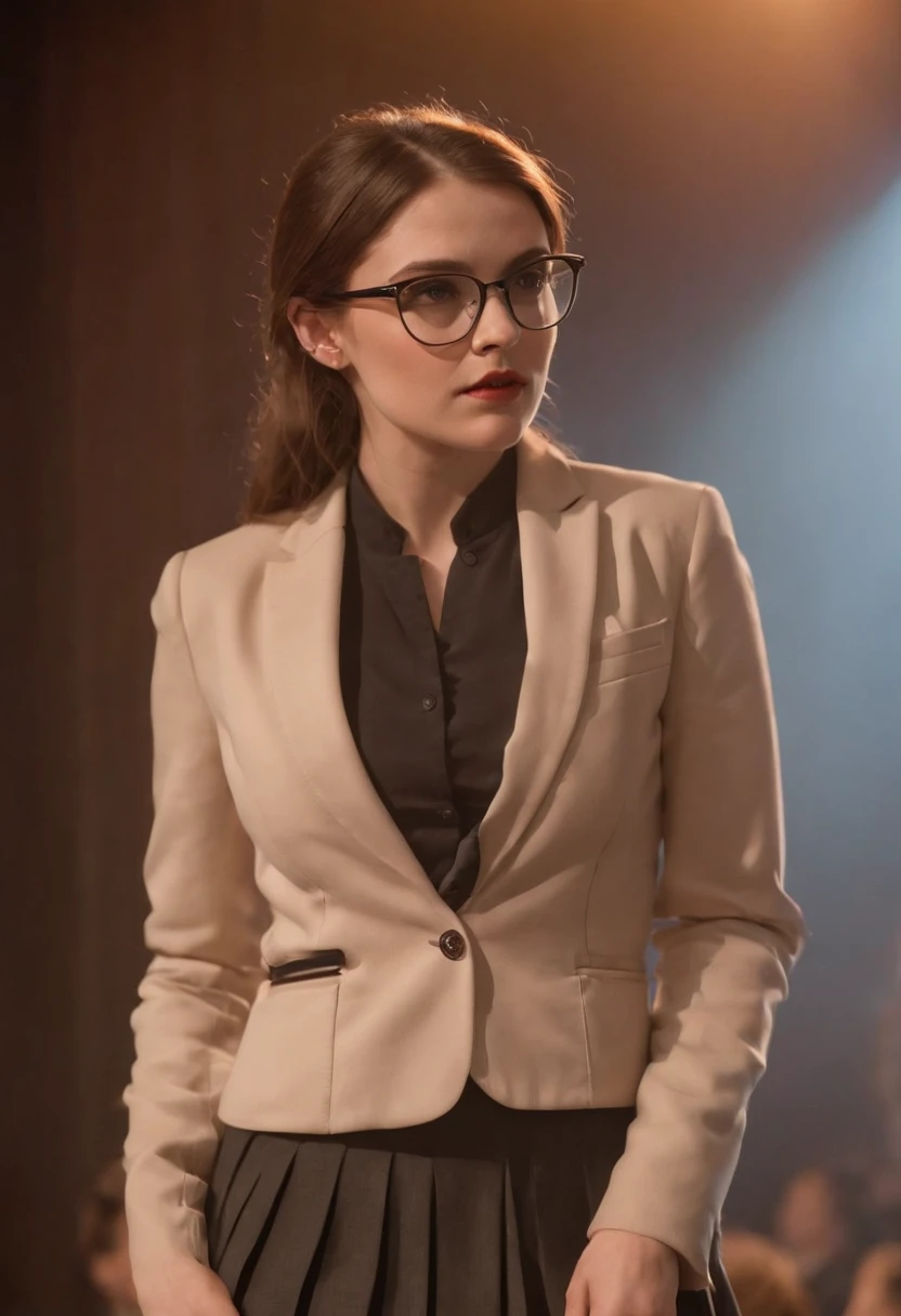 25 yo catholic schoolgirl in blazer and pleated skirt wearing glasses, nervous, anxious, mary katherine gallagher on stage, erotic pose